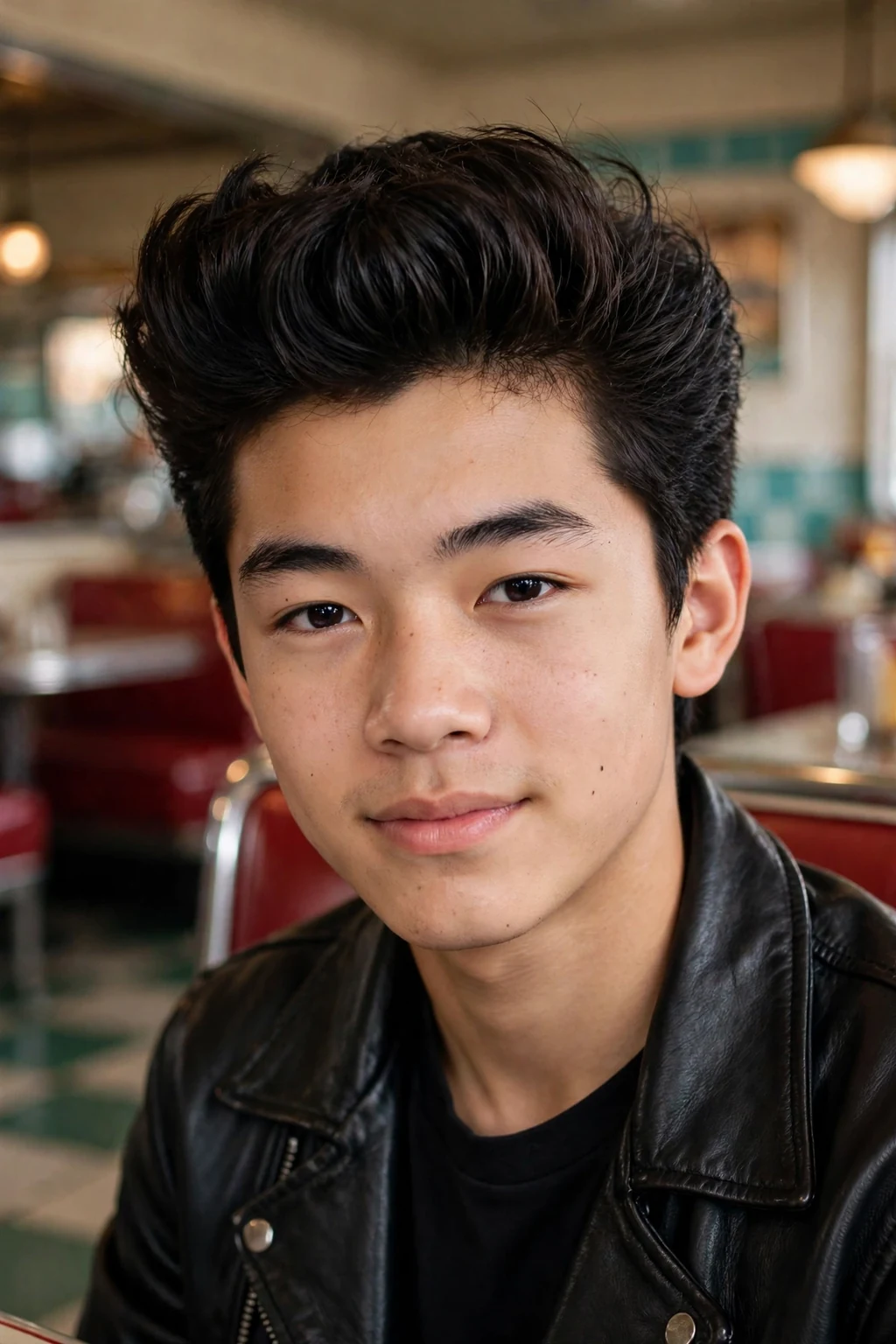 Handsome teen boy with pompadour, bold teen pompadour, retro light.