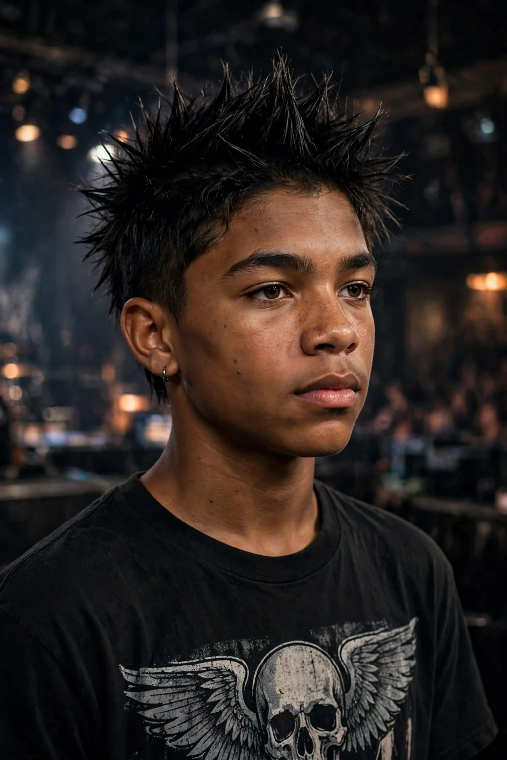 Handsome teen boy with spiky cut, edgy teen spiky cut, bold light.