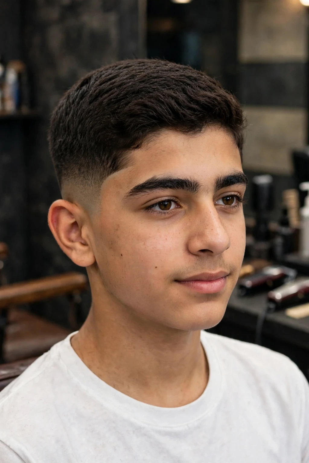 Handsome teen boy with taper fade, clean teen taper fade, sharp light.
