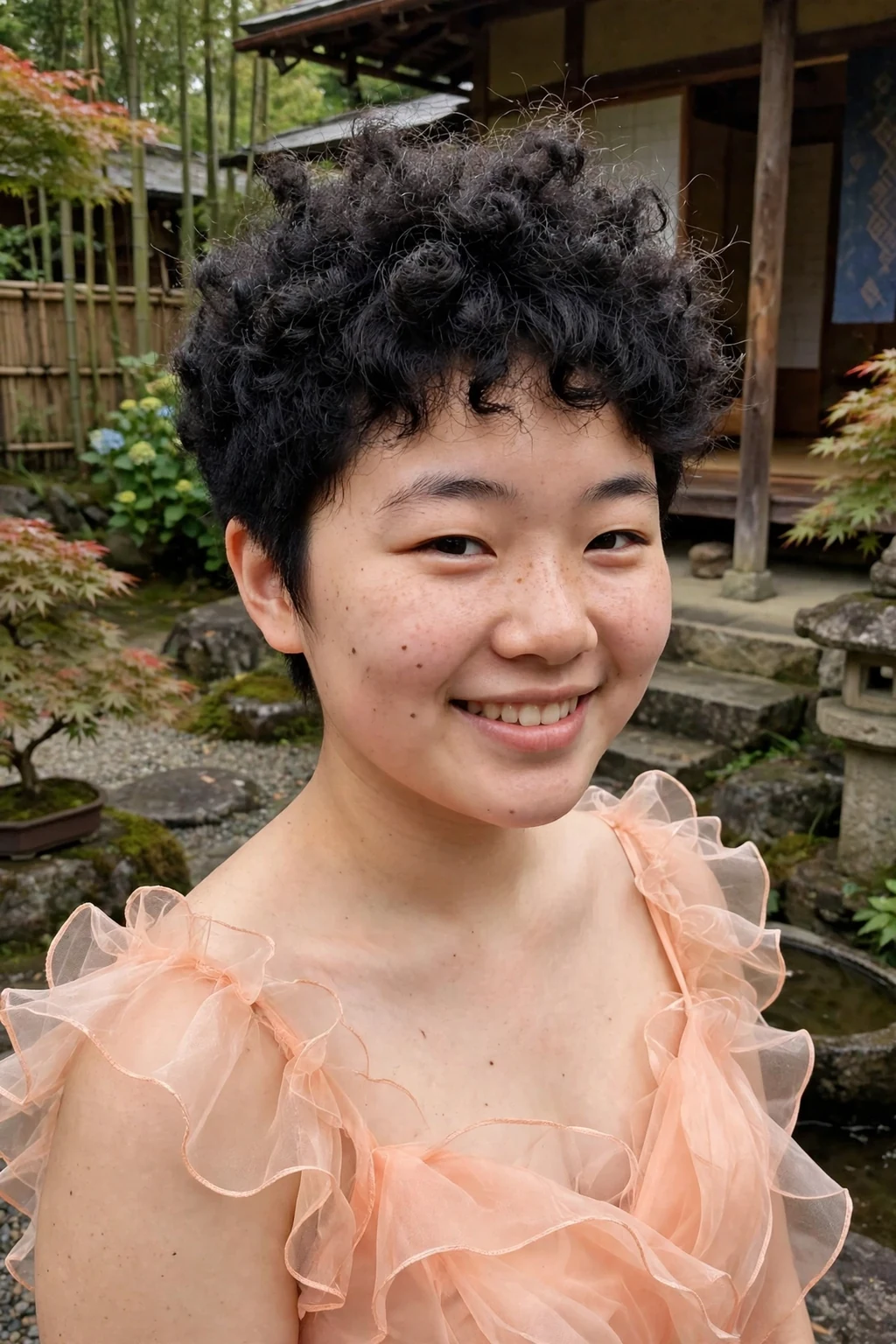 Young woman aged 18 to 20 with textured afro pixie hairstyle for prom, a traditional tea house garden.