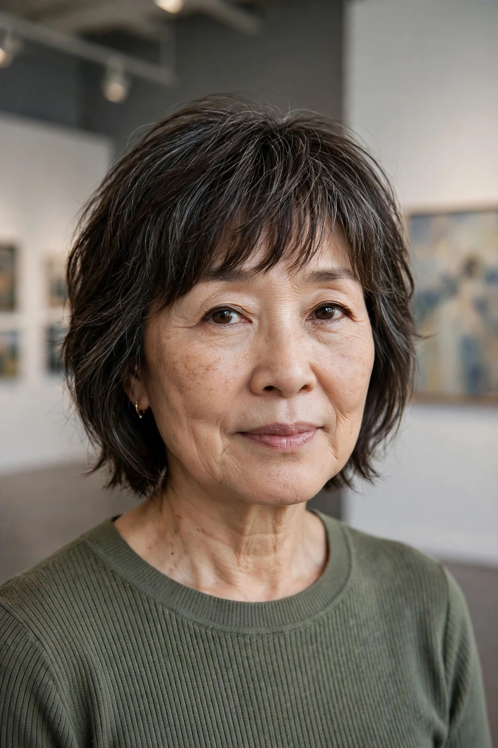 Beautiful older woman with textured bangs, modern textured bangs, dynamic light.