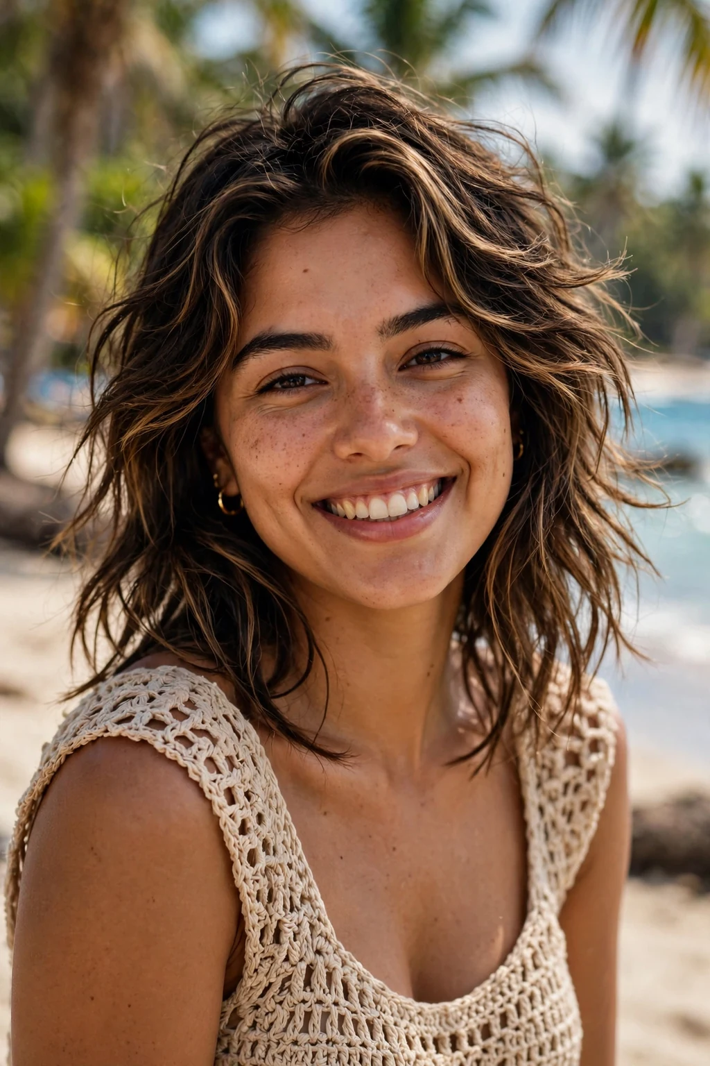 Beautiful woman with textured beach layers, tousled beachy layers, casual light.