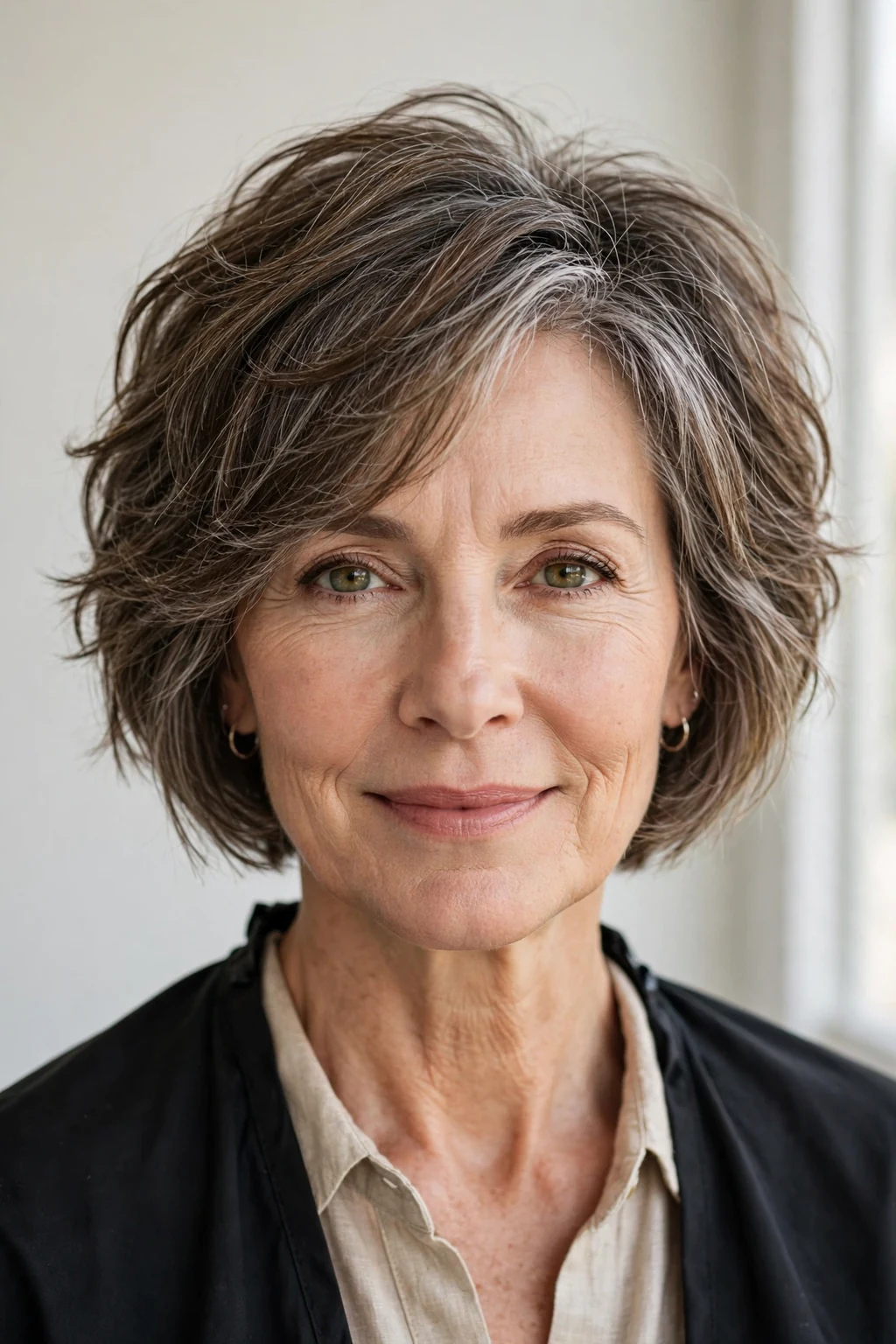 Elegant woman over 50 with textured bob, modern piece-y layers, natural light.