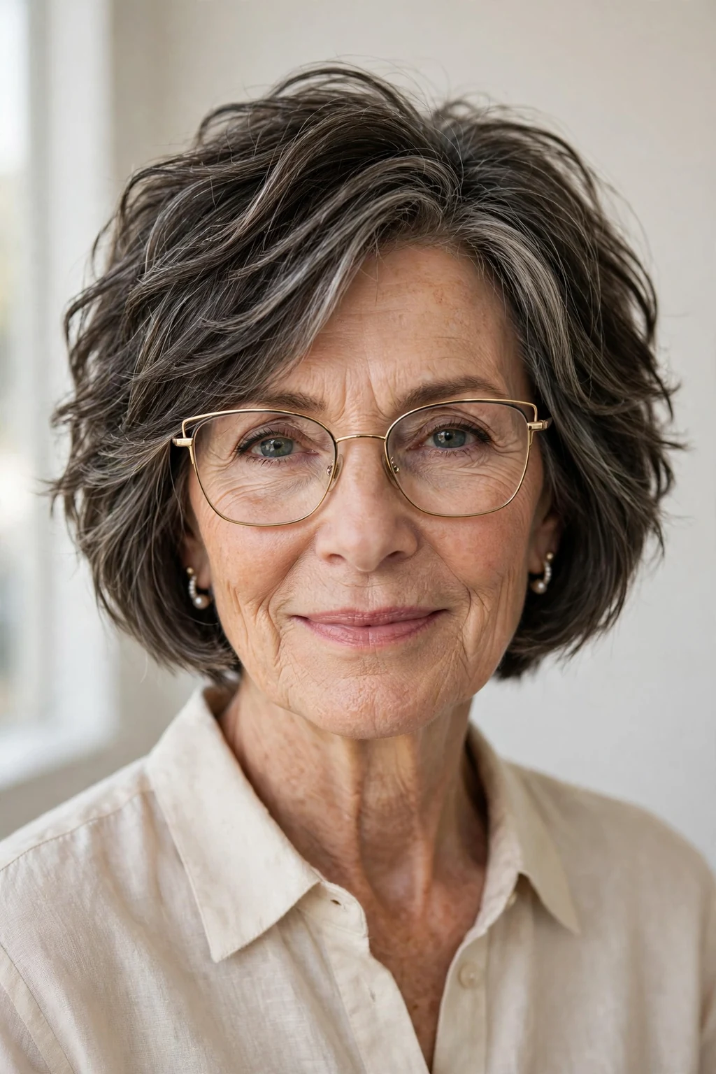 Elegant woman over 60 with glasses and textured bob, modern piece-y layers, natural light.