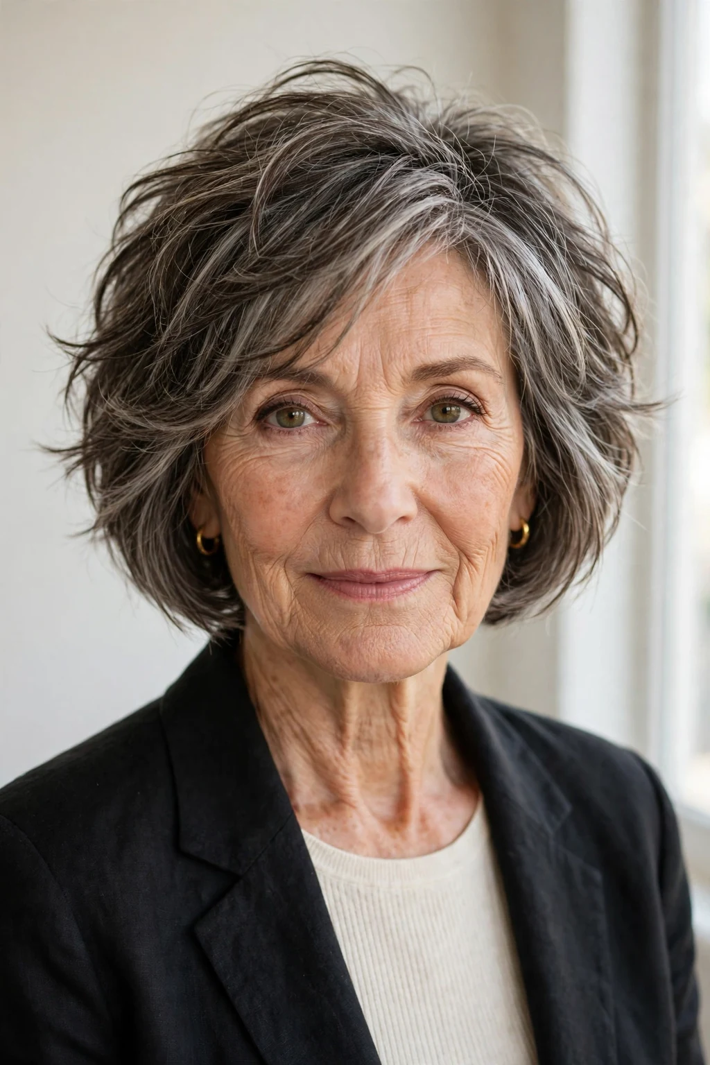Elegant woman over 60 with textured bob, modern piece-y layers, natural light.