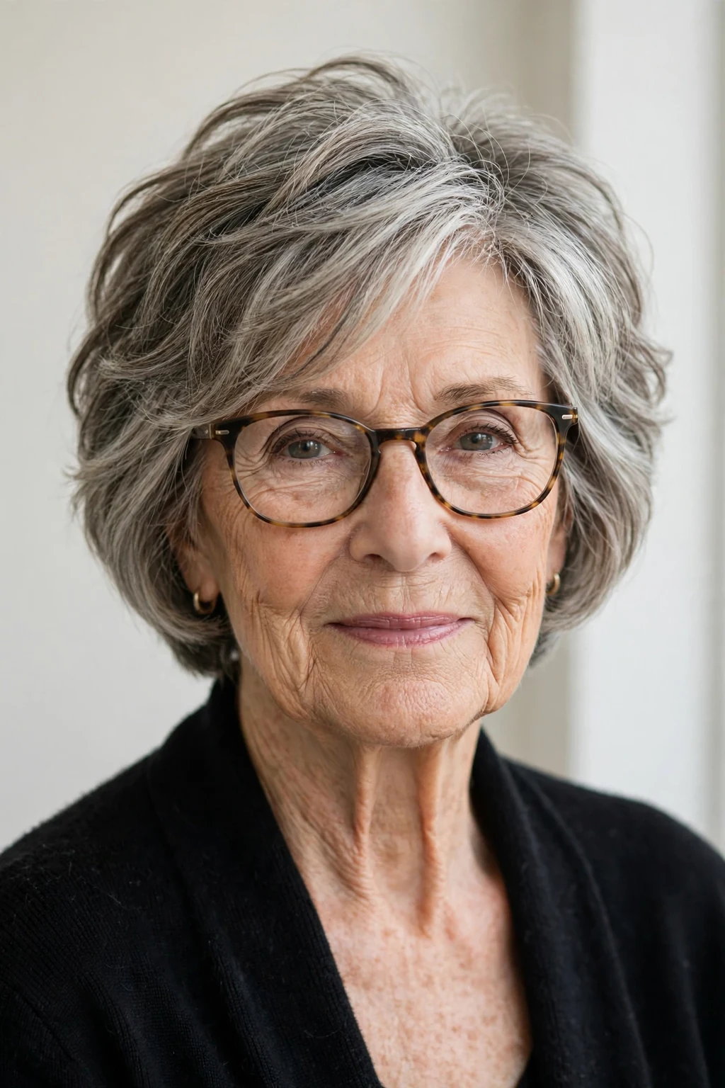 Elegant woman over 70 with glasses and textured bob, modern piece-y layers, natural light.