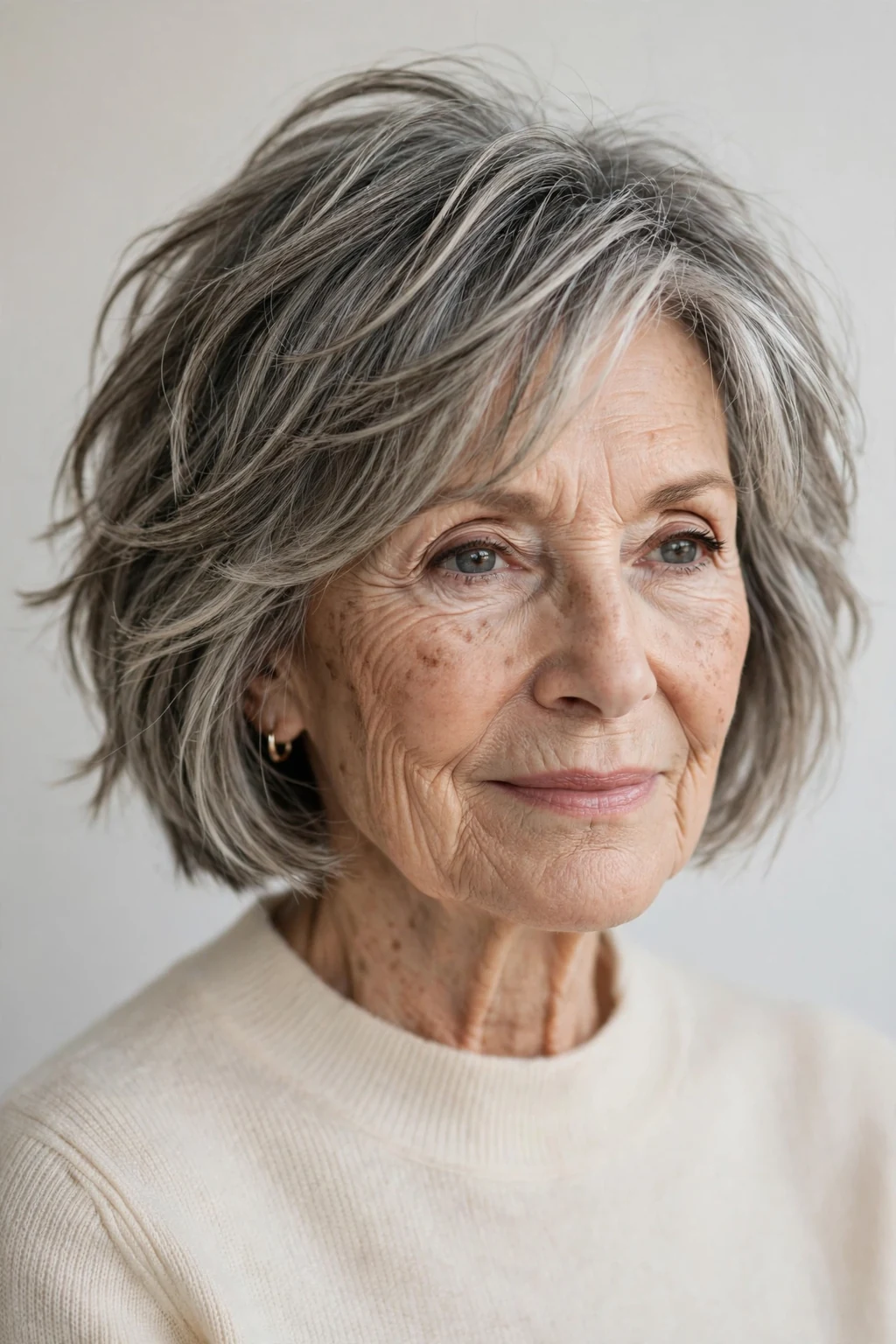 Elegant woman over 70 with textured bob, modern piece-y layers, natural light.