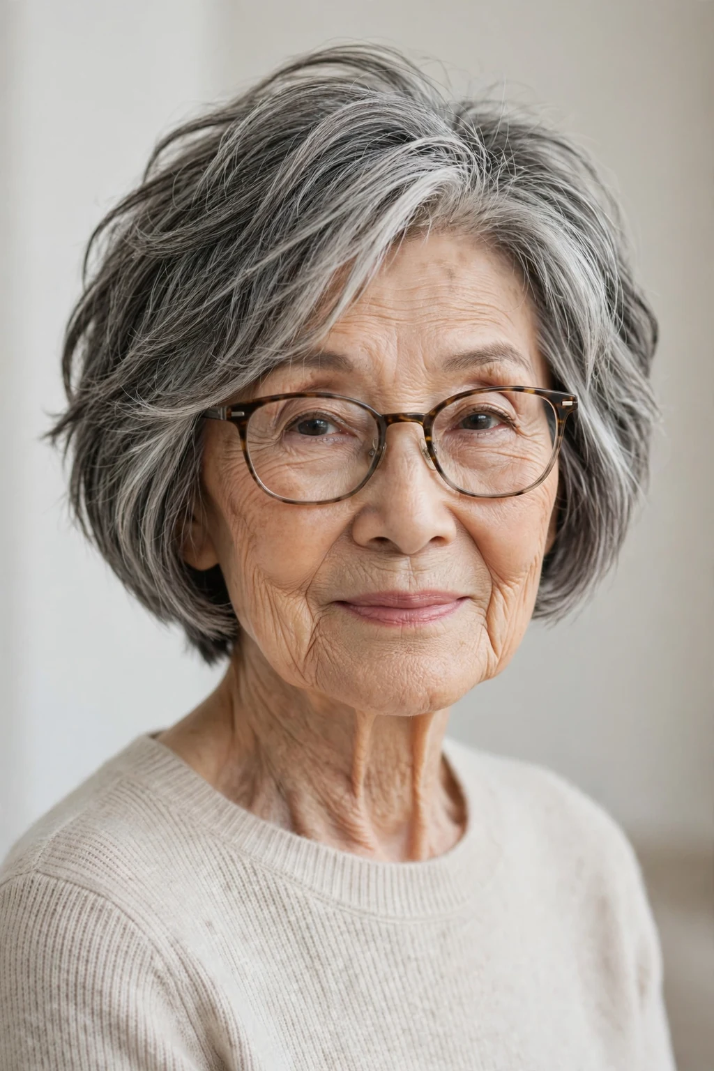 Elegant woman over 80 with glasses and textured bob, modern piece-y layers, natural light.