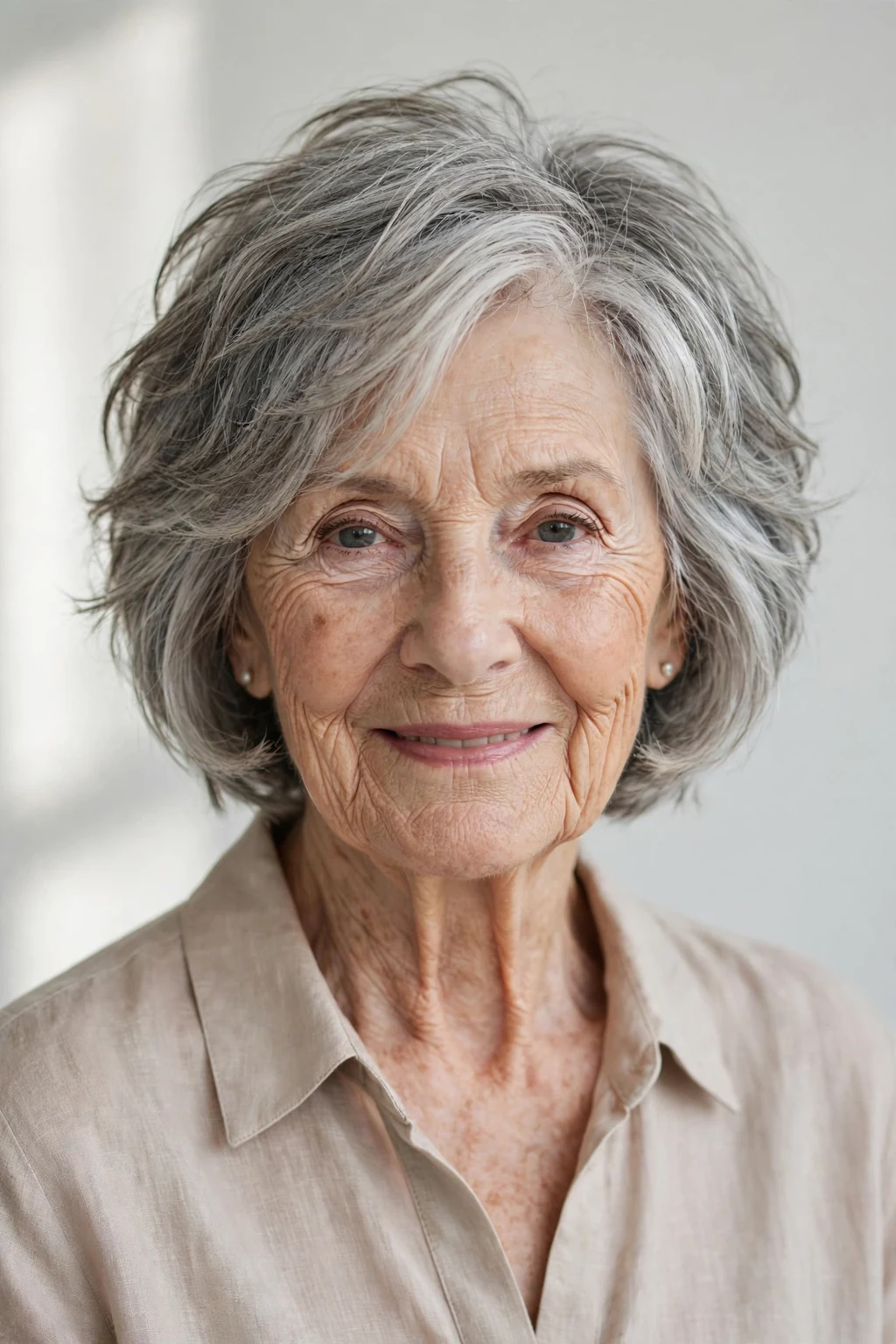 Elegant woman over 80 with textured bob, modern piece-y layers, natural light.