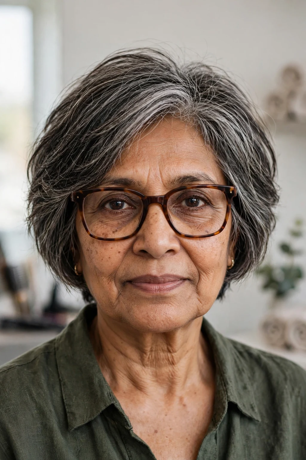 Elegant woman over 50 with fine hair and glasses and textured bob, modern piece-y layers, natural light.