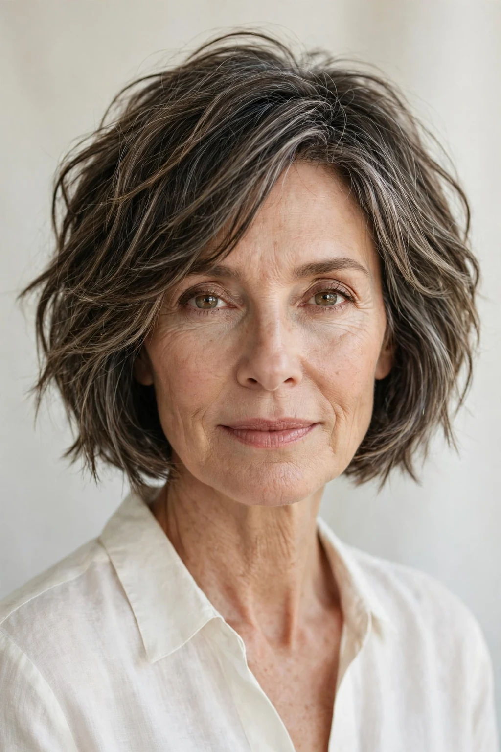 Elegant woman over 50 with textured bob, modern piece-y layers, natural light.