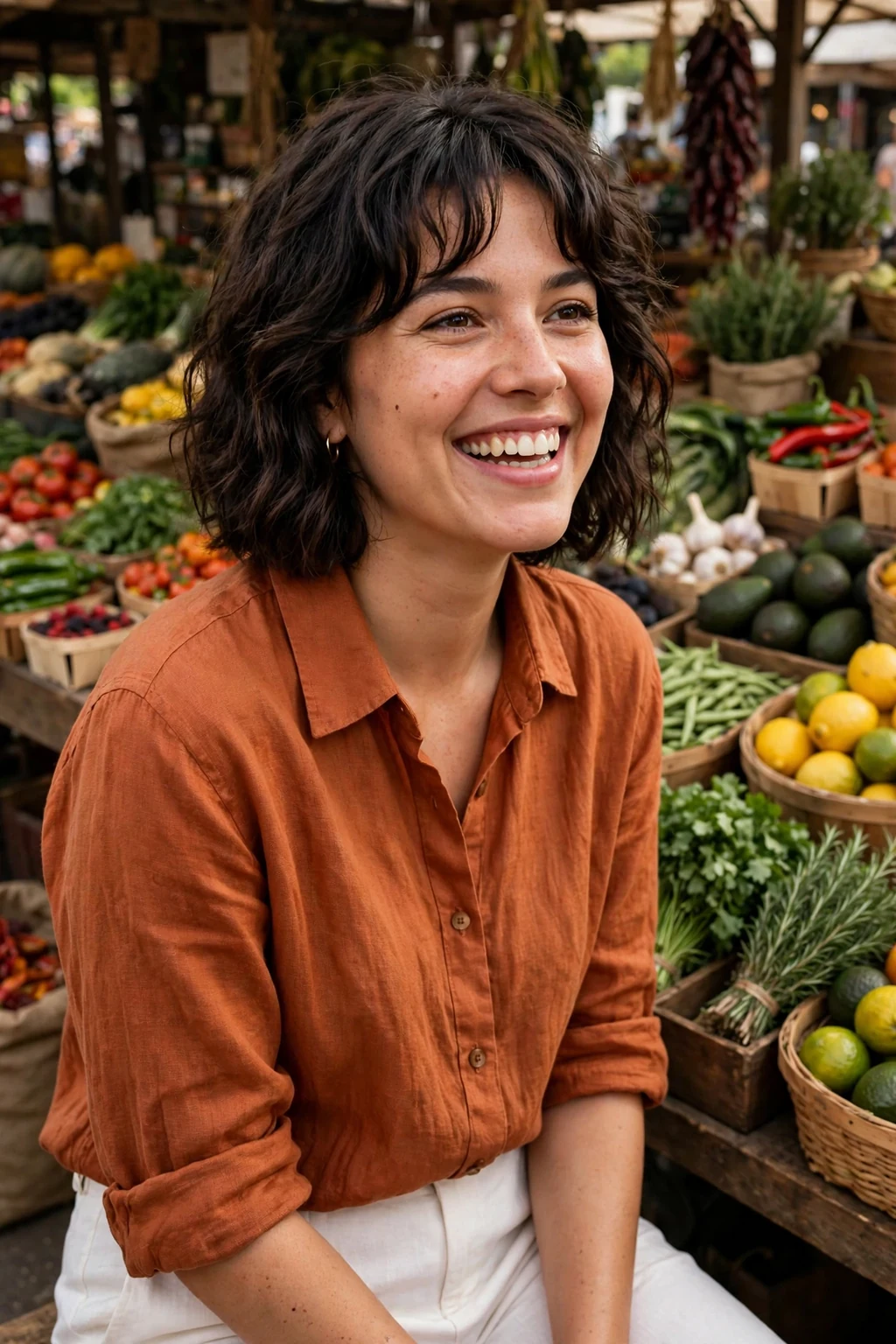 Young woman with a textured bob with curtain bangs hairstyle, piecey and full of movement.