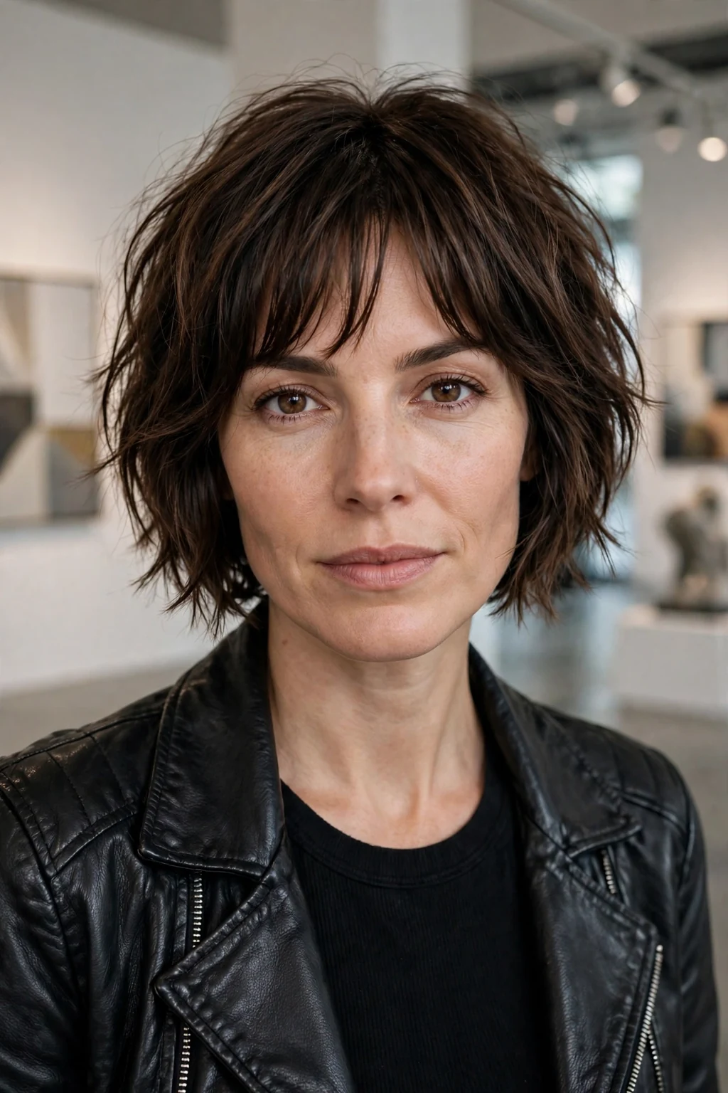 Beautiful woman with curtain bangs and textured bob, edgy textured bob with bangs, modern light.