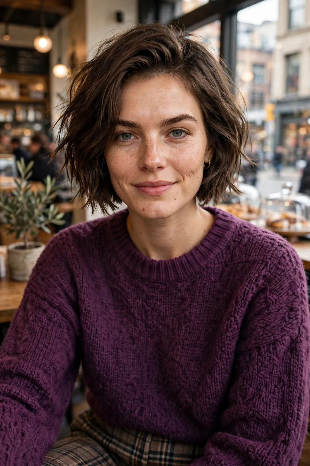 Young Canadian woman with a textured bob in a coffee shop wearing a plum sweater.