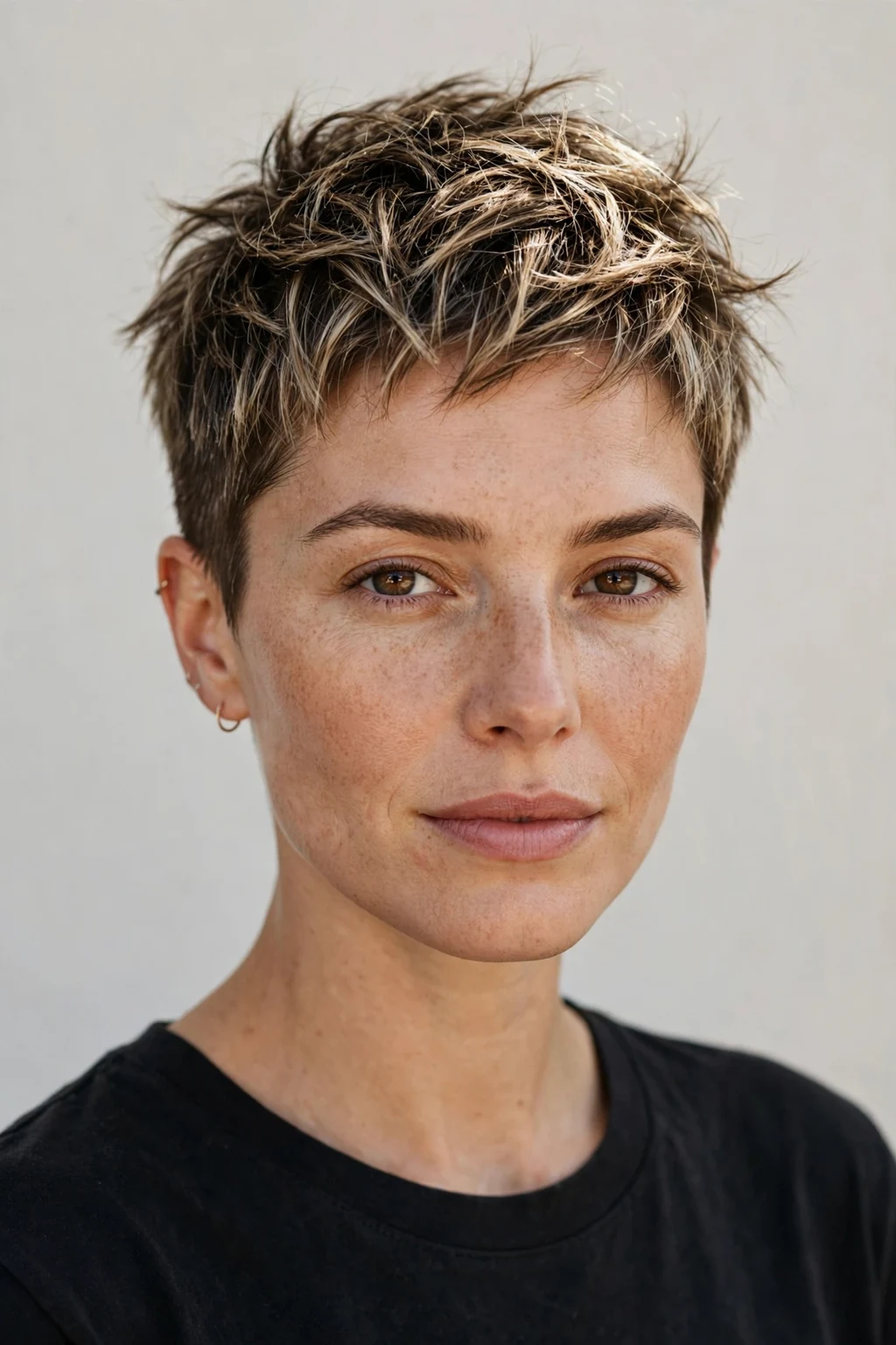 Woman with textured buzz cut, piece-y short texture, modern natural light.