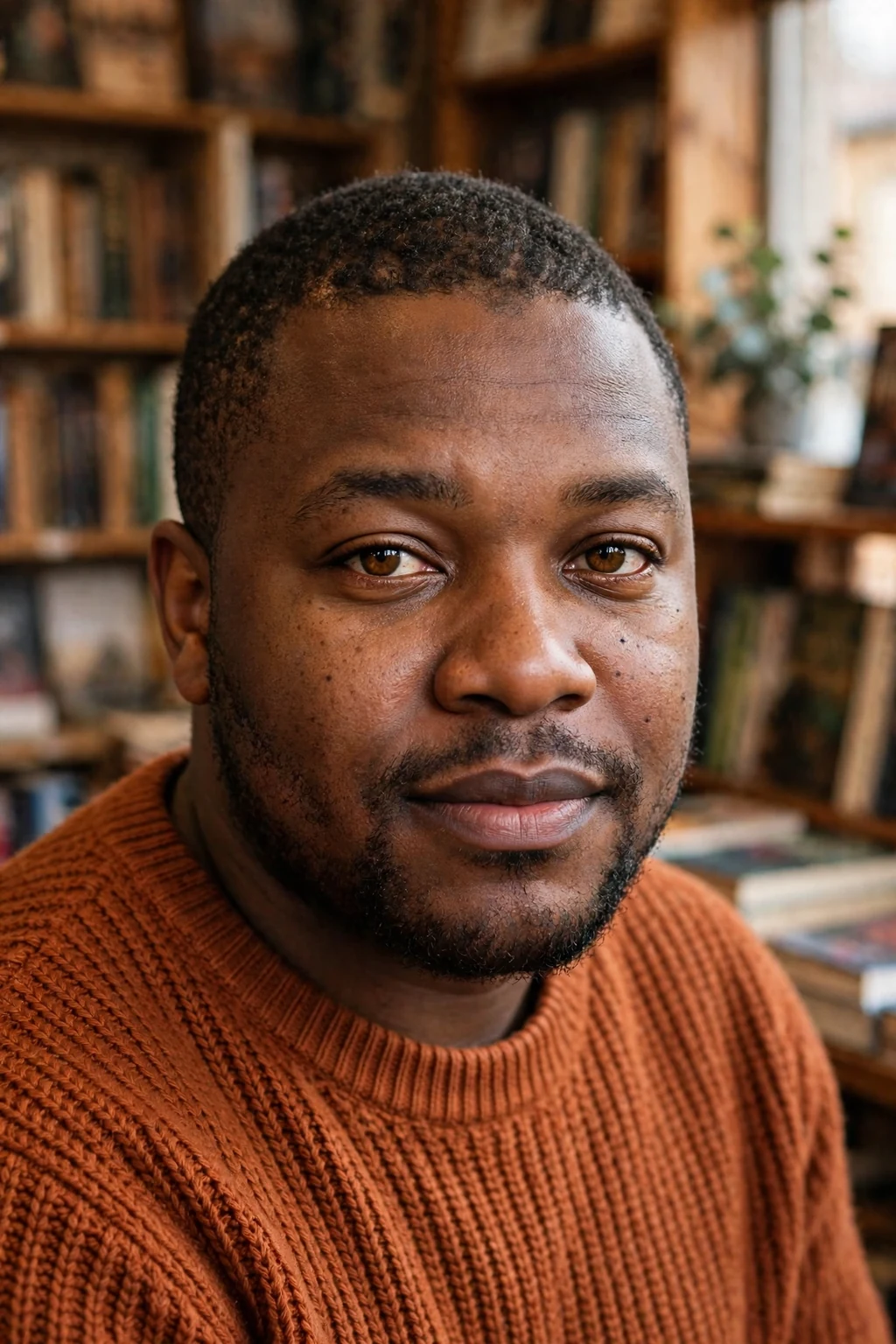 A man with a textured buzz cut wearing a rust-colored sweater in a bookshop.