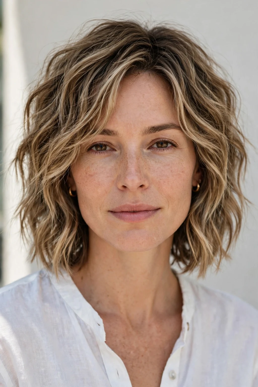 Woman with a textured choppy lob, longer bob with beachy texture, natural daylight.