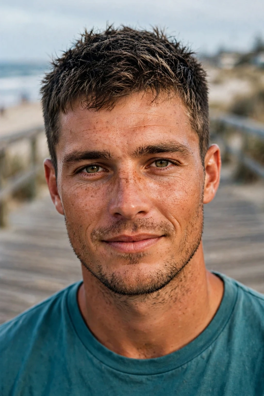 A man with a textured crop wearing a teal t-shirt on a beach boardwalk.