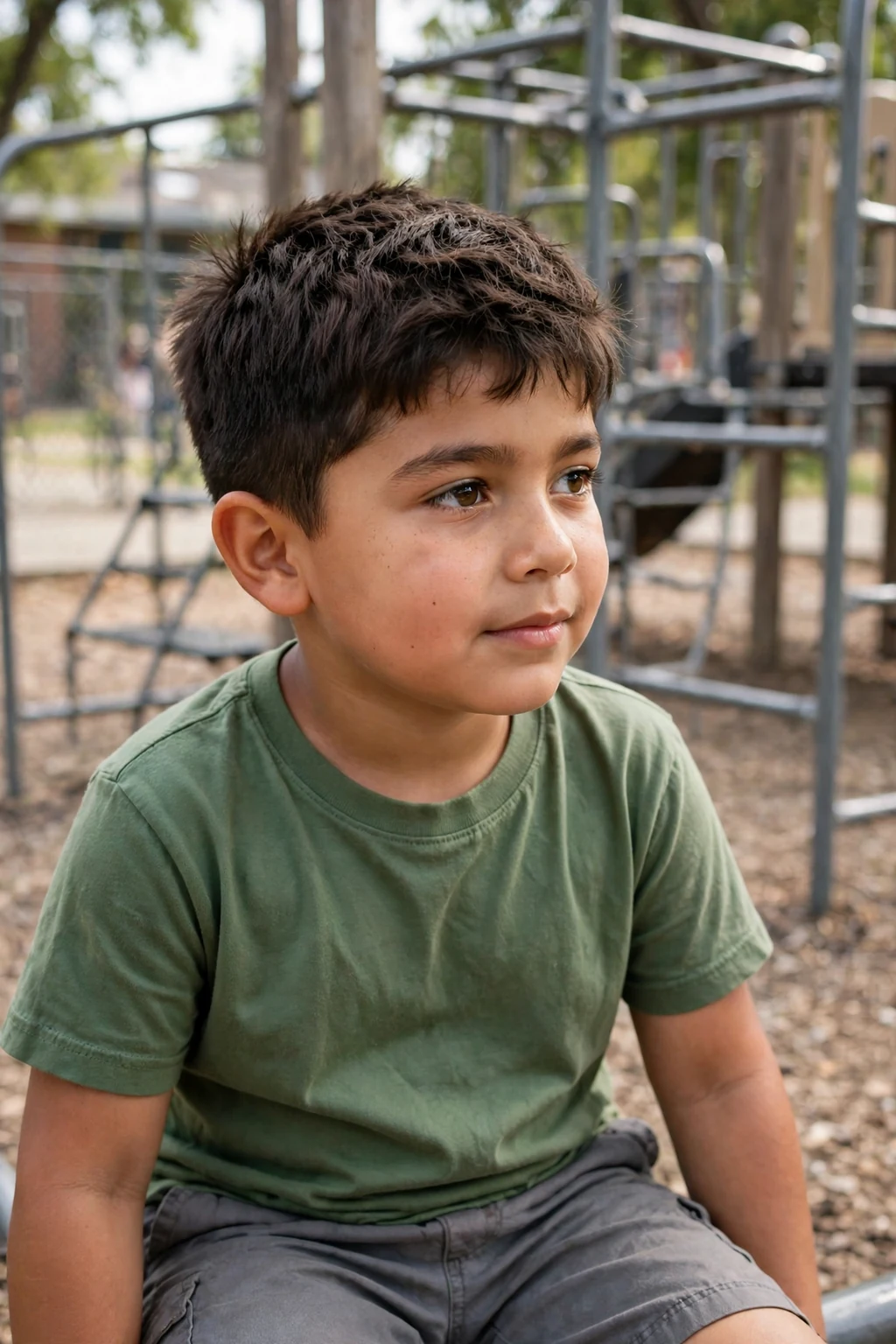 A schoolboy with a textured crop haircut on a playground.