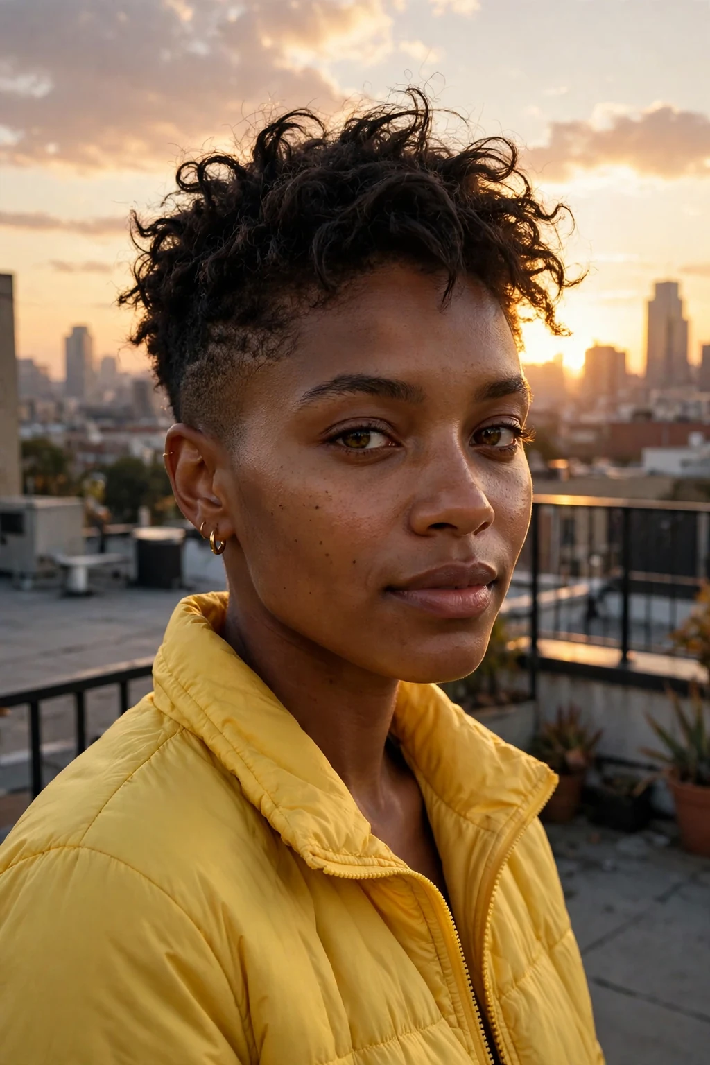 Young woman with a textured crop, short tousled crop with faded nape, on a rooftop at sunset.