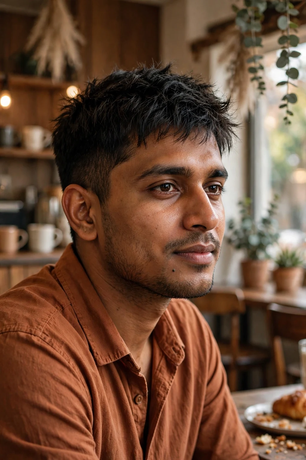 Man in his late 20s with a textured crop haircut, wearing a rust-colored shirt in a cafe.