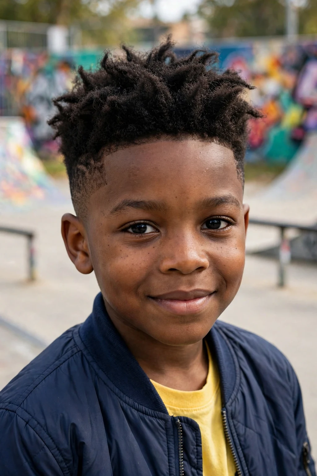 A young boy with a short textured crop haircut and faded sides, at a skate park wearing a navy jacket over a yellow T-shirt.