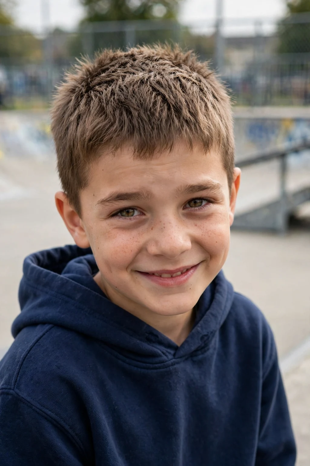 A cool young boy with a textured crop haircut, wearing a navy hoodie on a skateboard ramp.