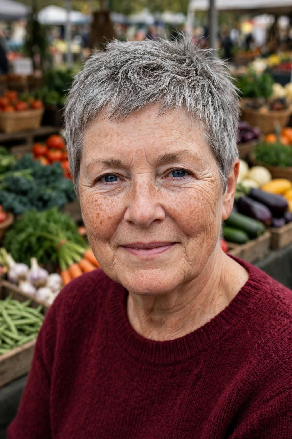 A woman in her early sixties with a textured crop pixie haircut, wearing a burgundy sweater at a farmers market.