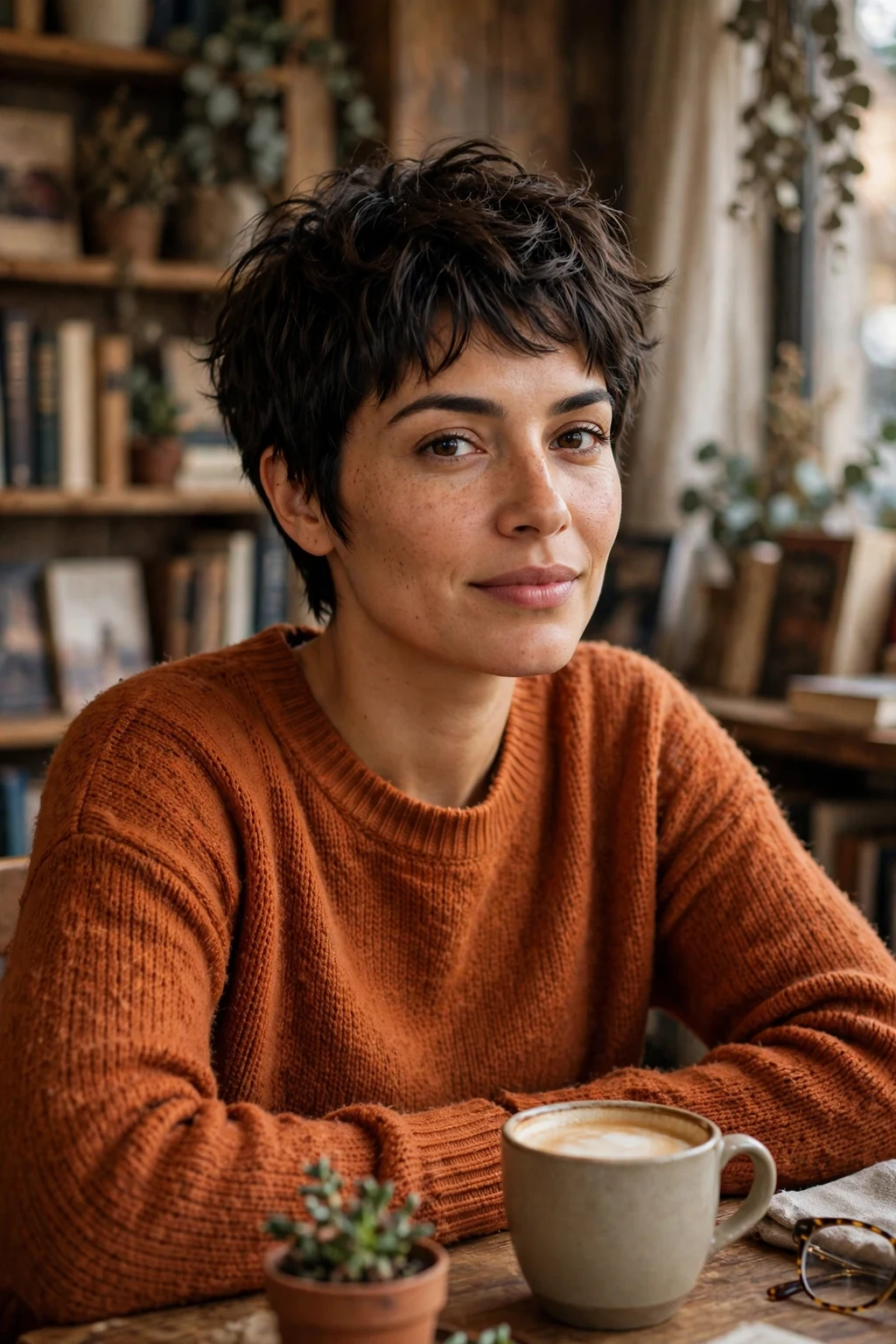 A young woman with a textured crop pixie, choppy piecey layers and a tousled matte finish.