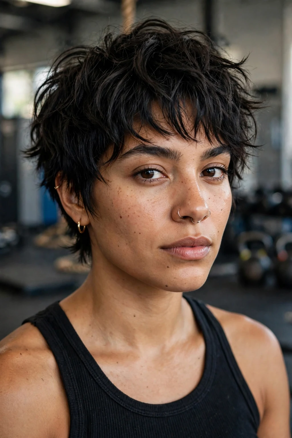 Beautiful woman with textured crop shag, edgy textured crop, bold light.