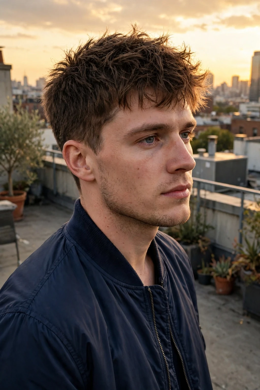 Young man with a short textured crop for thick hair, standing outdoors in a navy jacket.
