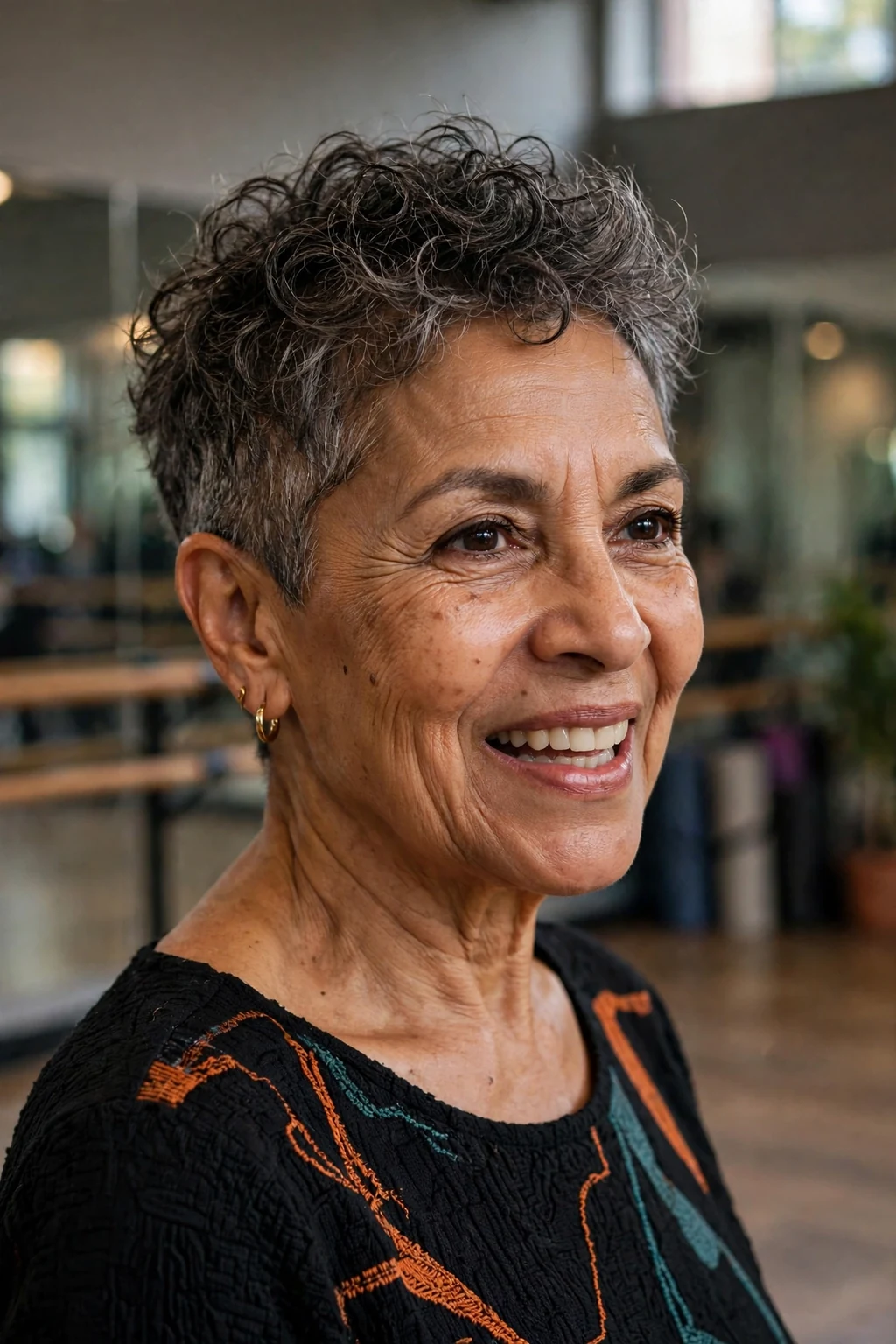Beautiful older woman with textured crop wash-and-wear, modern textured crop, dynamic light.