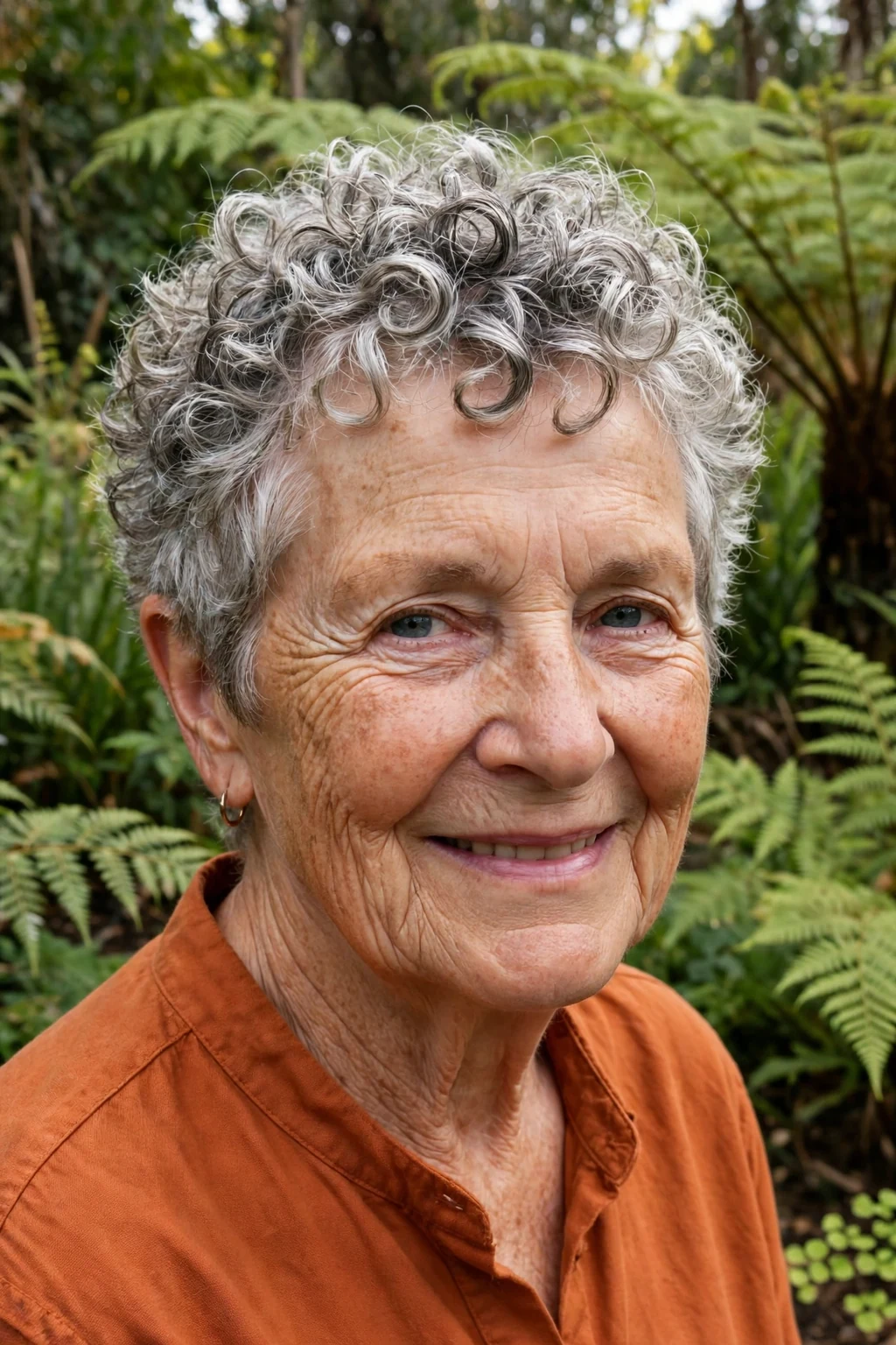 A spirited Australian woman in her 70s with a textured curly crop, wearing a burnt orange shirt, in a botanical garden.
