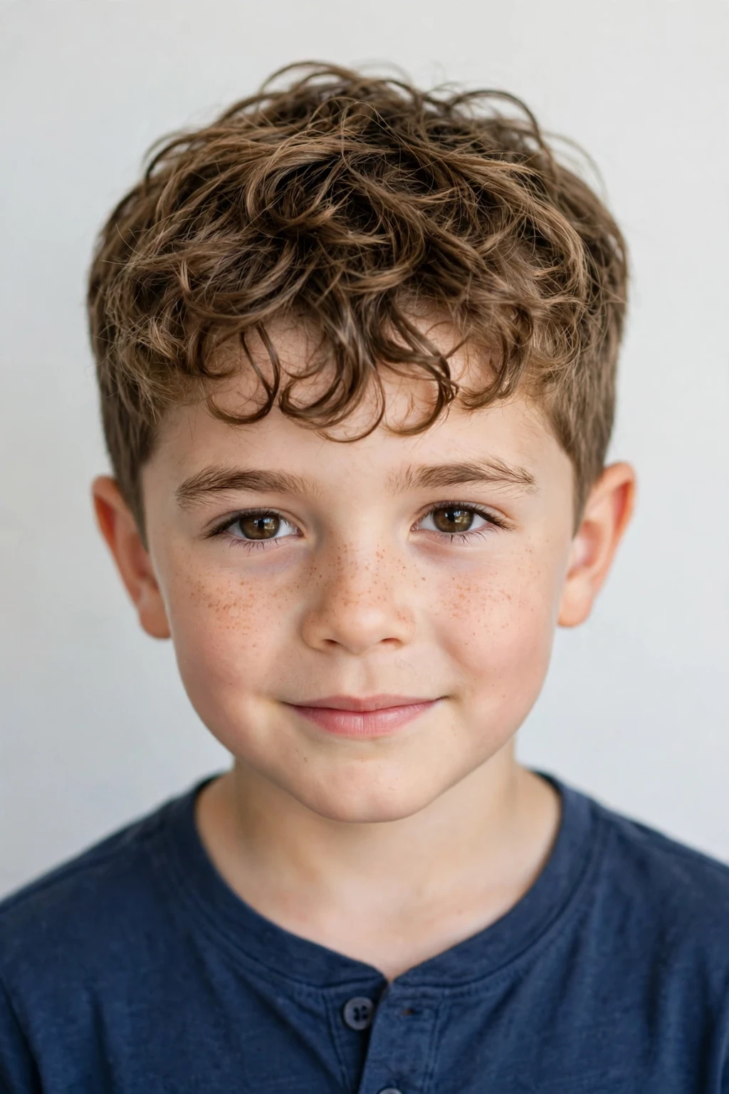 Boy with textured curly fringe, piece-y curls across the forehead, detailed natural lighting.