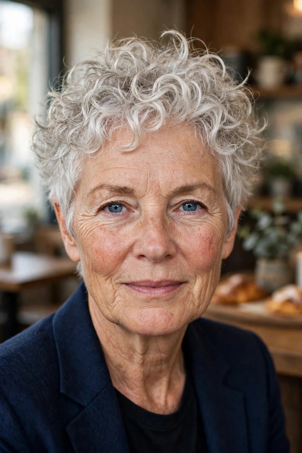 A woman in her late 60s with a textured curly pixie in silver-white curls, wearing a navy blazer in a cozy cafe.