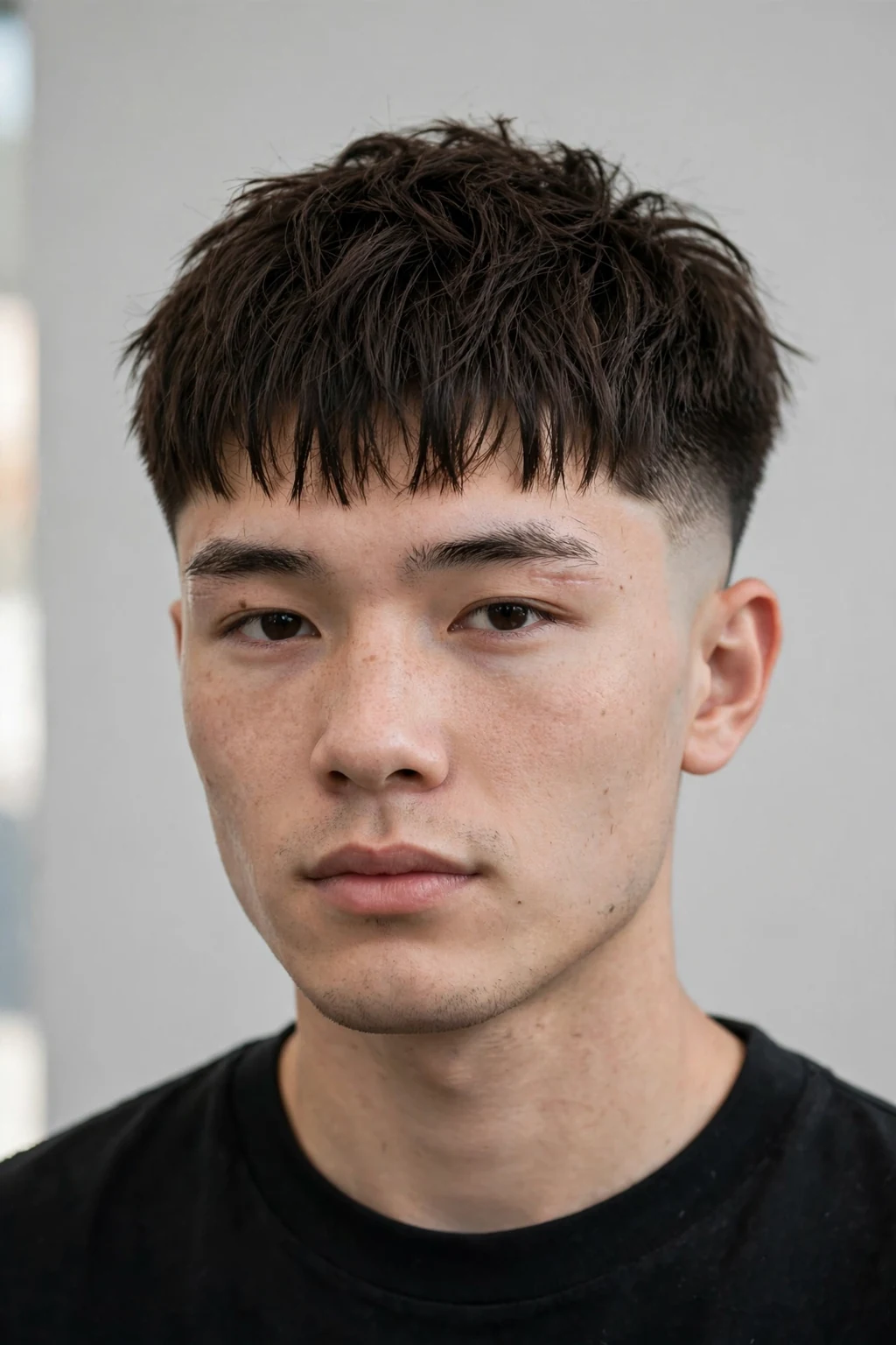 Man with textured Edgar cut, piece-y fringe with movement, natural light photo.