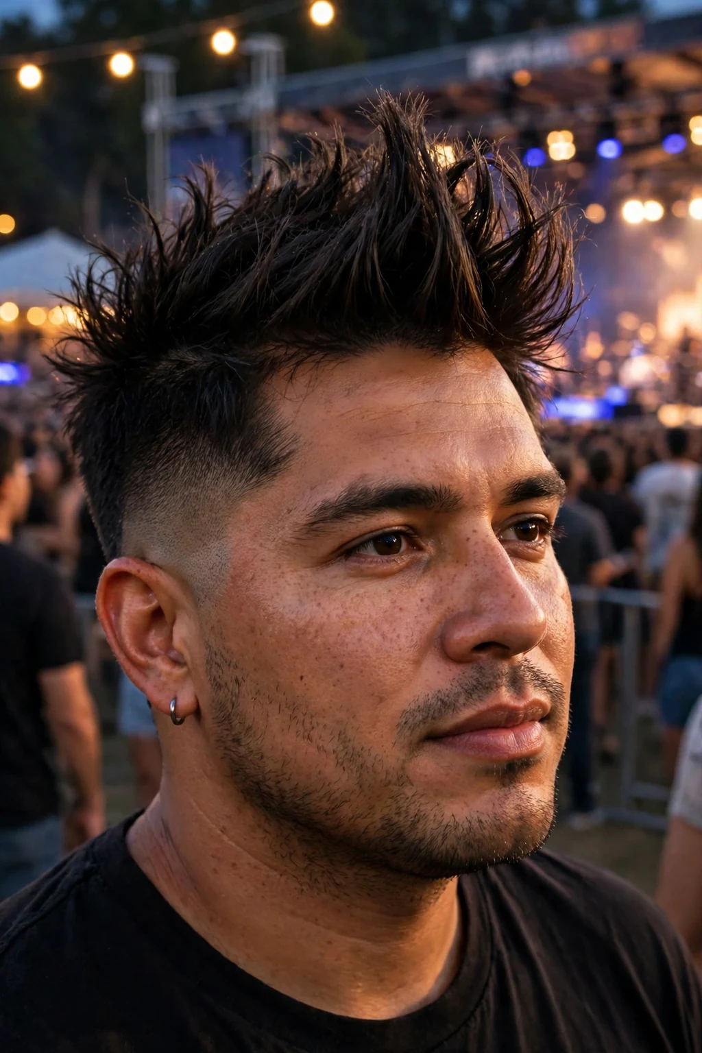 Young man with a textured faux hawk for thick hair, wearing a black t-shirt at a concert.