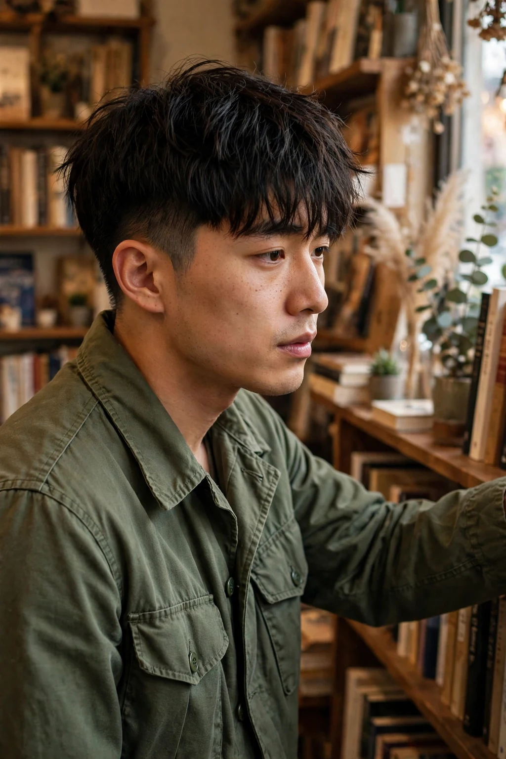 Young man with a textured fringe for thick hair, wearing an olive jacket in a bookshop.