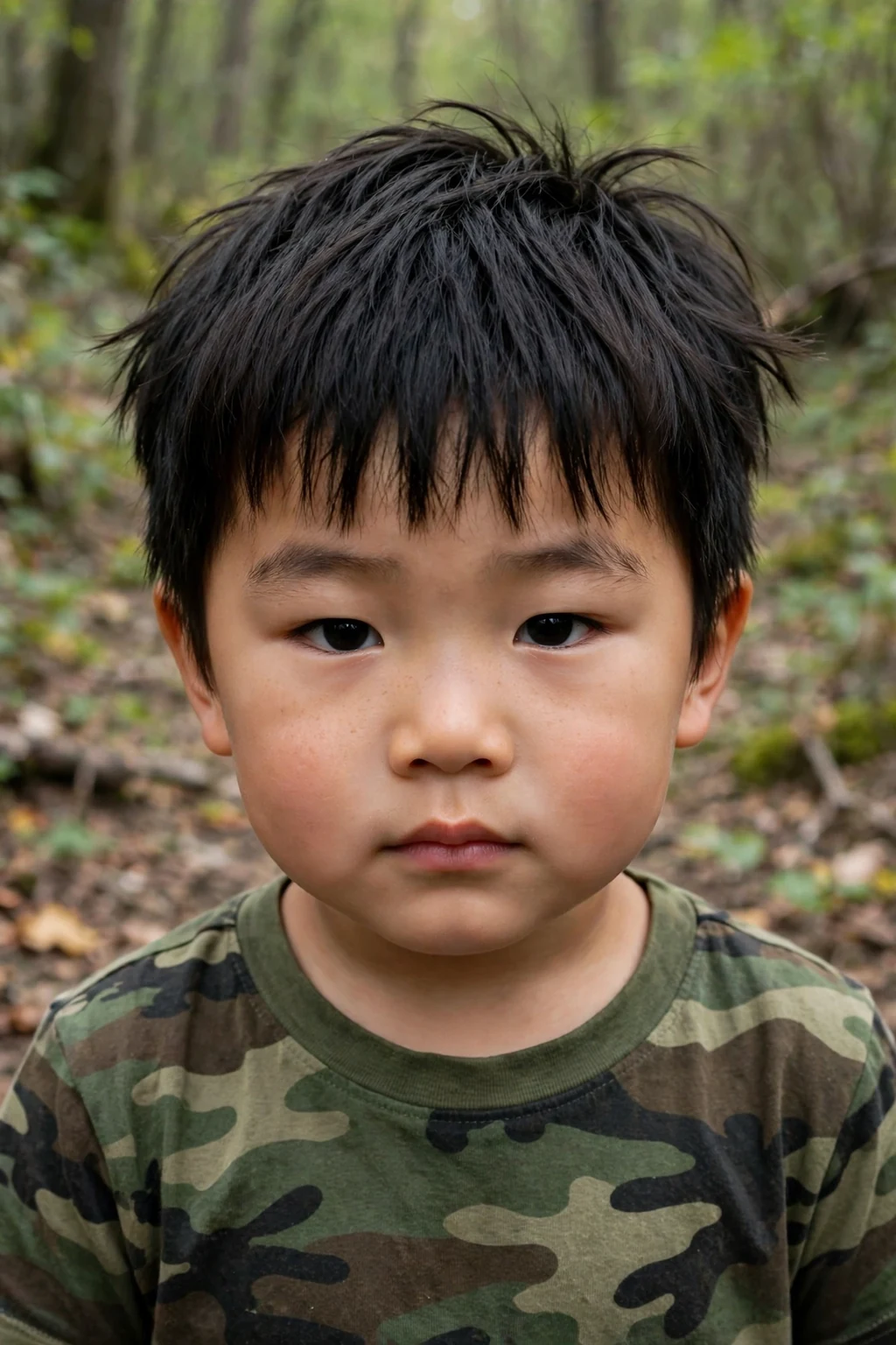 A cool four-year-old toddler boy with a textured fringe haircut, wearing a camouflage tee in a woodland trail clearing.