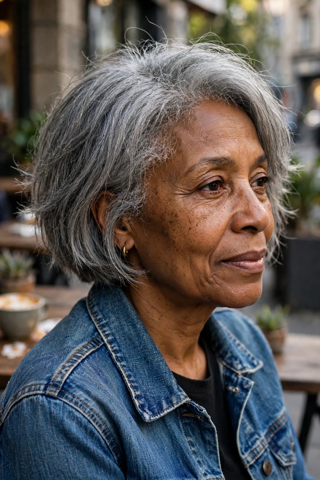 A mature Black woman in her fifties with a textured gray bob, wearing a denim jacket at a street cafe.