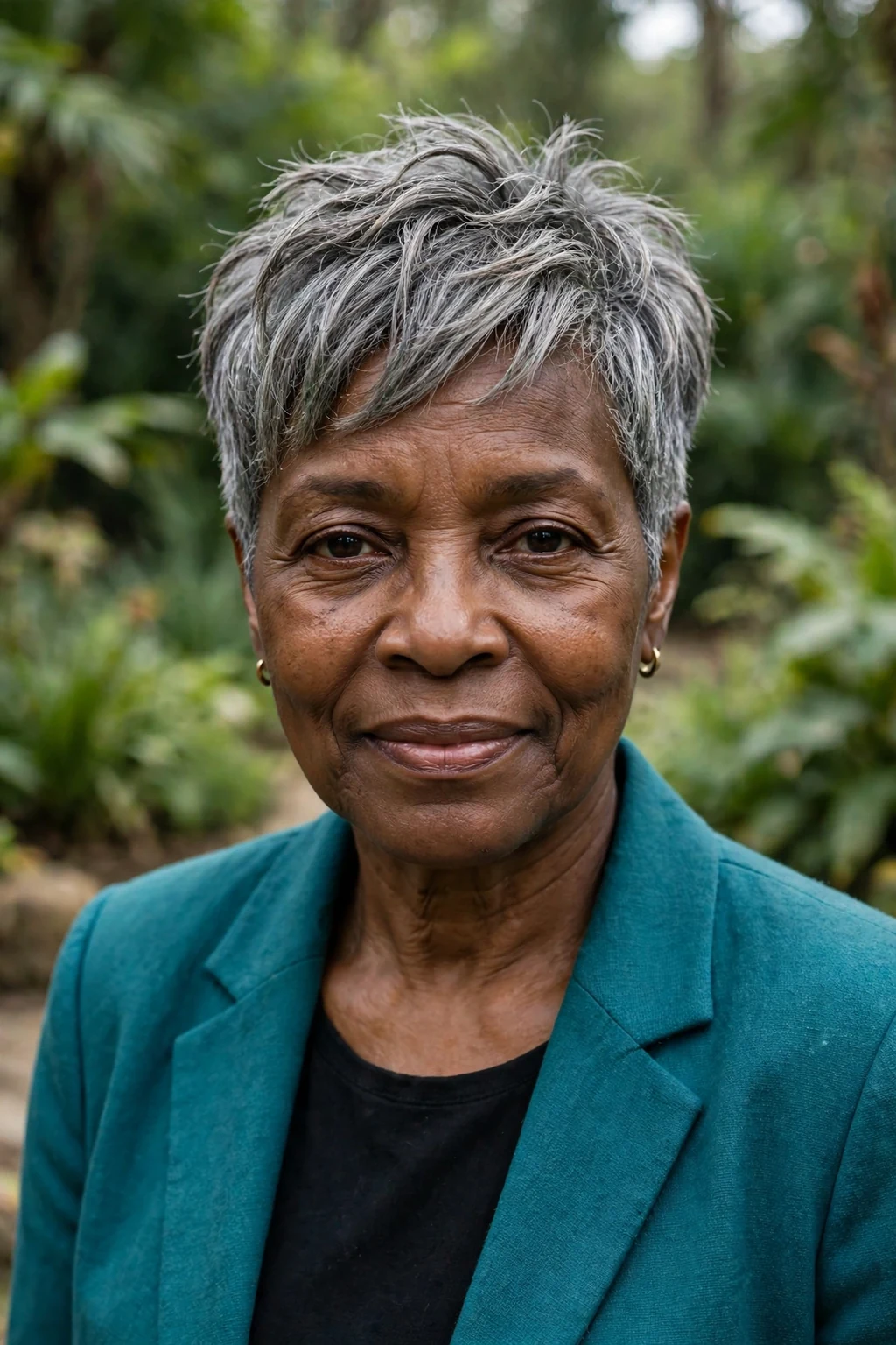A woman in her early 60s with a textured gray pixie cut, wearing a teal blazer in a botanical garden.