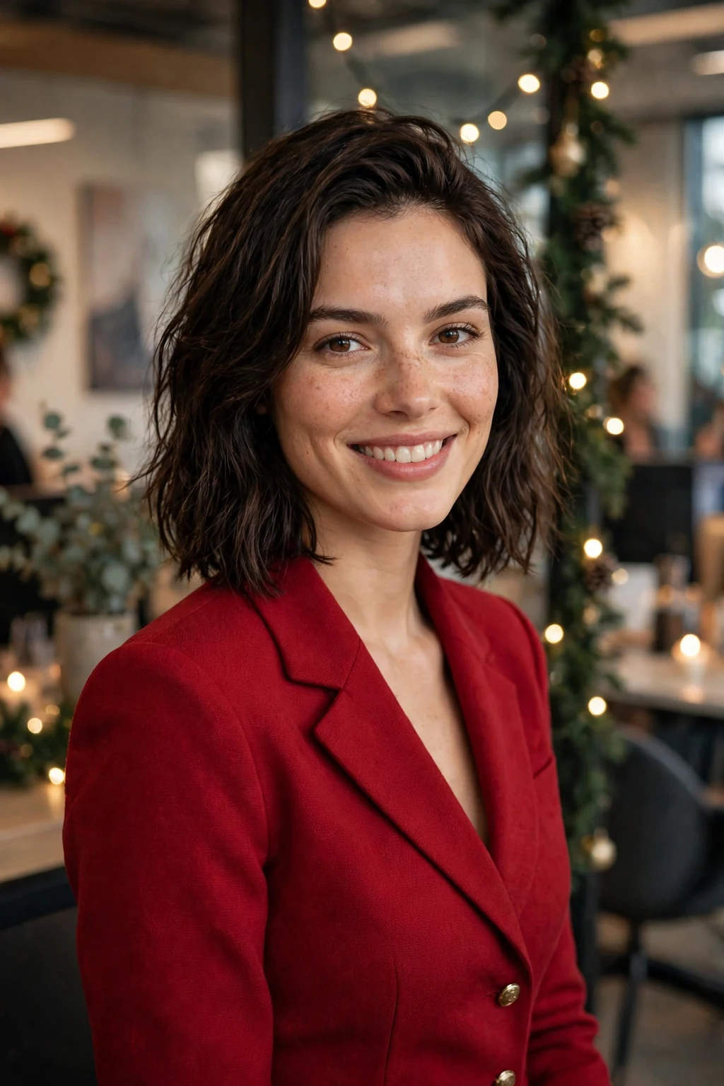 Young woman with a textured holiday lob, wearing a crimson red blazer dress at a stylish office party.