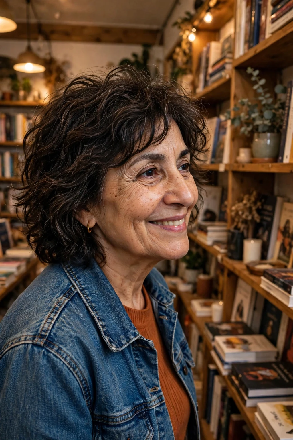 Mature Middle Eastern woman in her early sixties with a textured layered shag haircut, wearing a denim jacket in a bookshop.