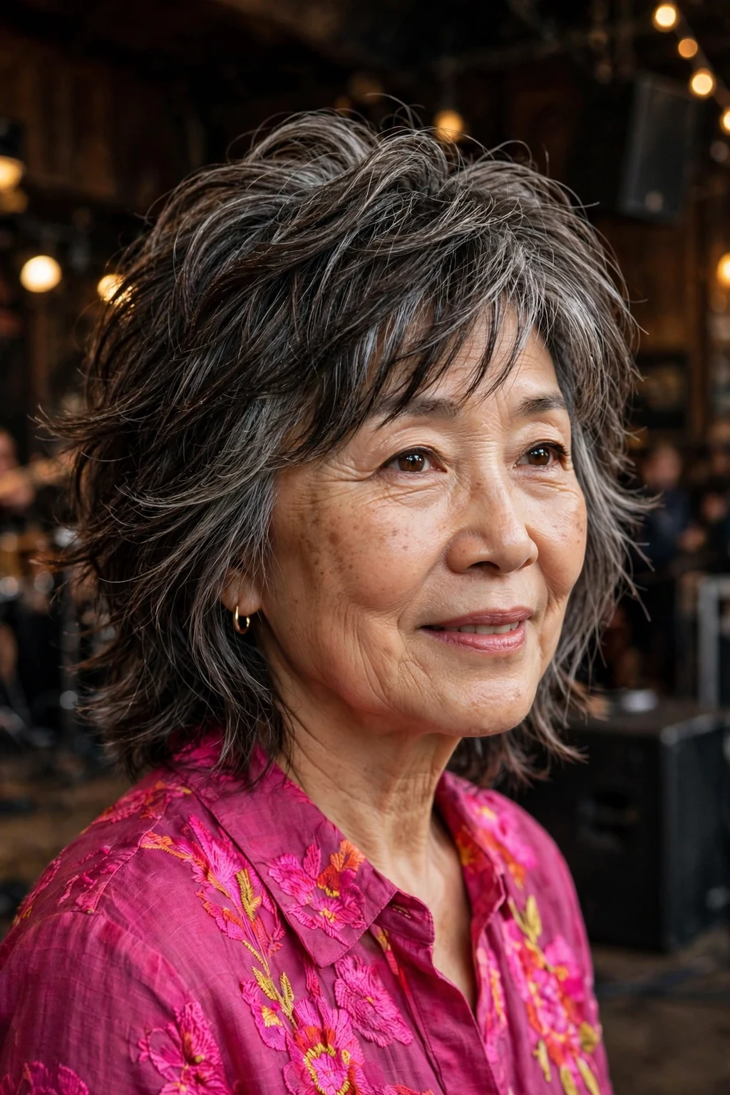 Beautiful older woman with textured layers, dynamic textured layers, vibrant light.