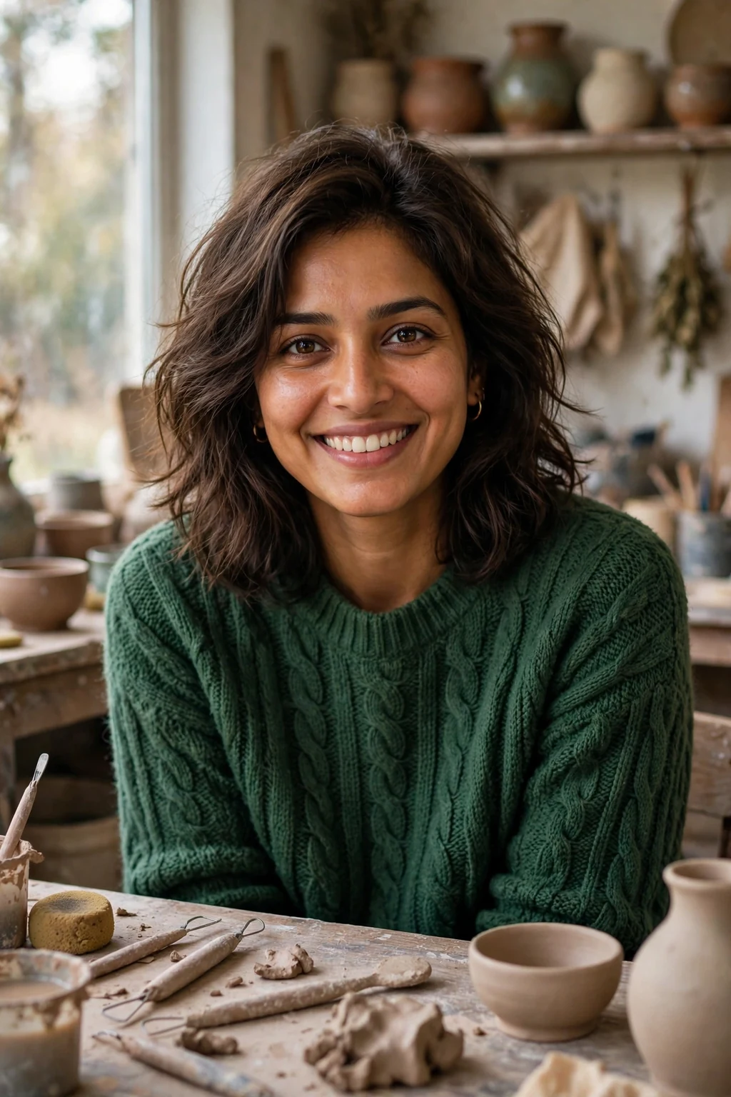 Young woman with textured medium layers, sitting at a pottery studio wearing a forest green sweater.