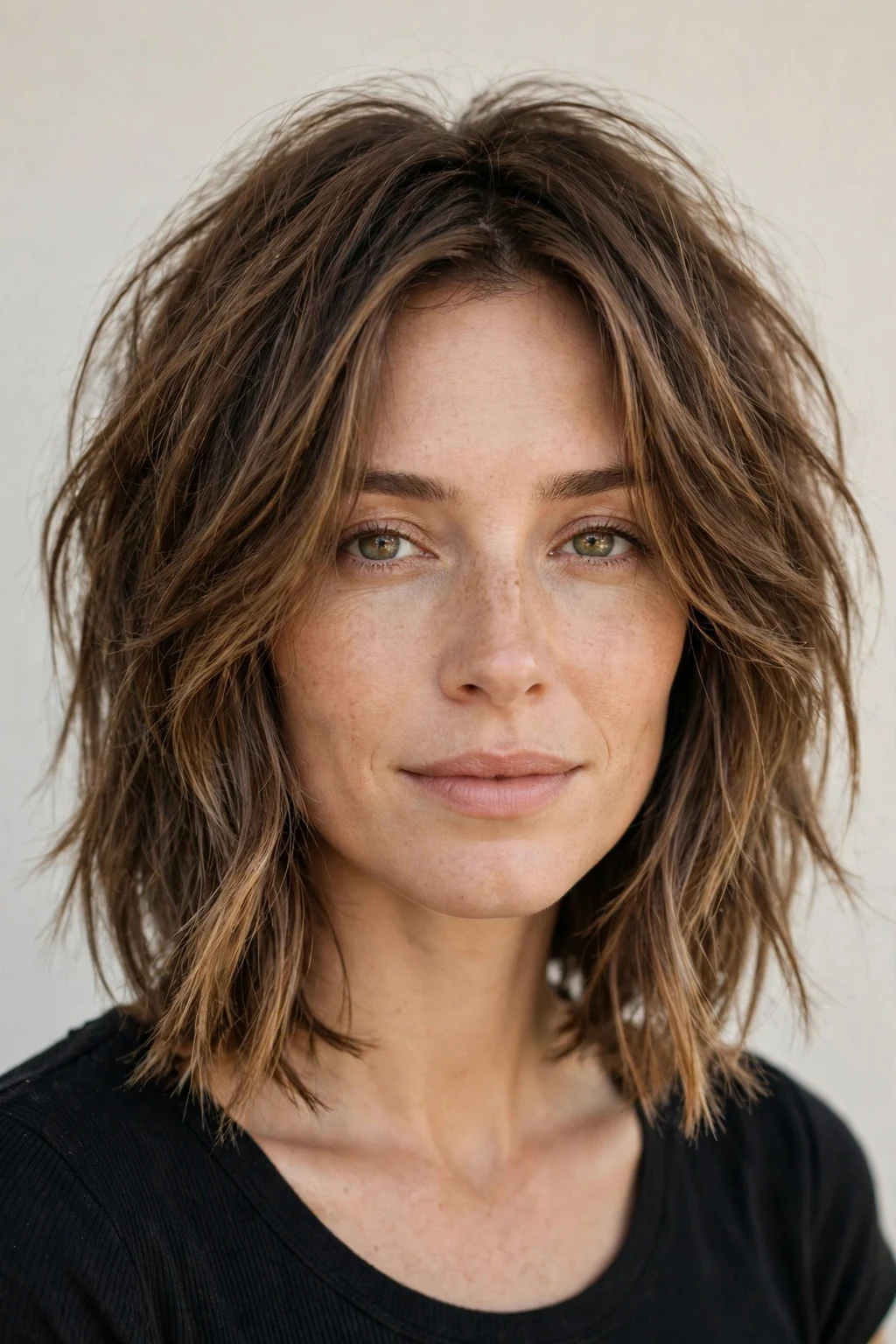 Woman with textured lob, piece-y modern layers, natural light.