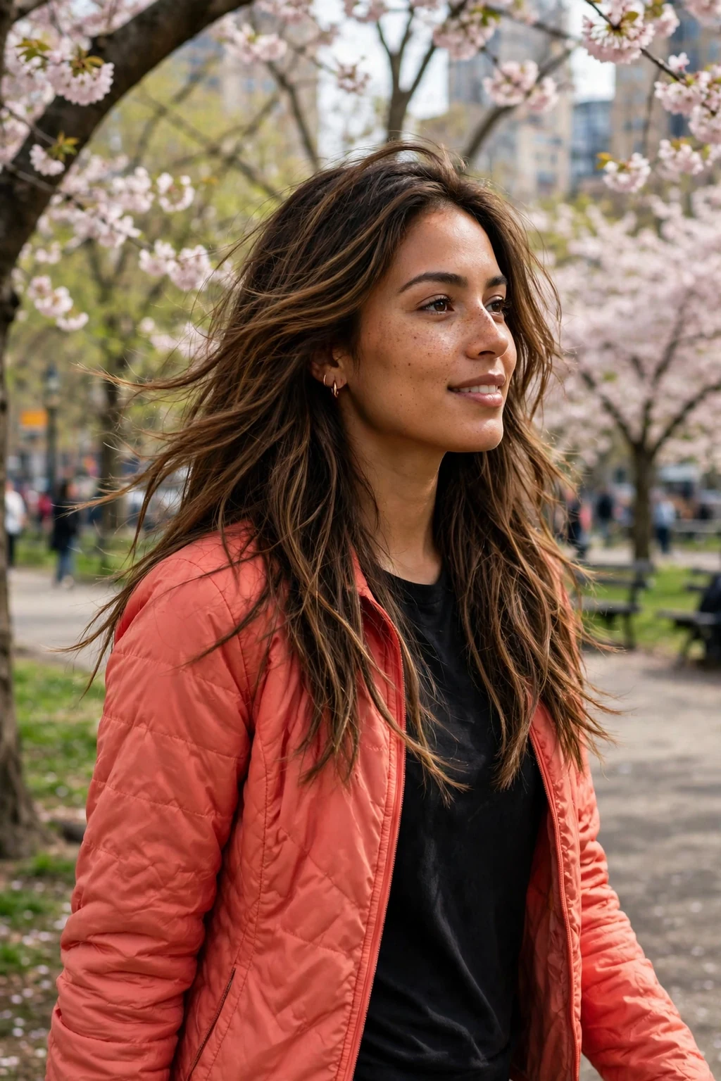 Young woman with textured long layers, piecey ends, walking through a city park in spring.