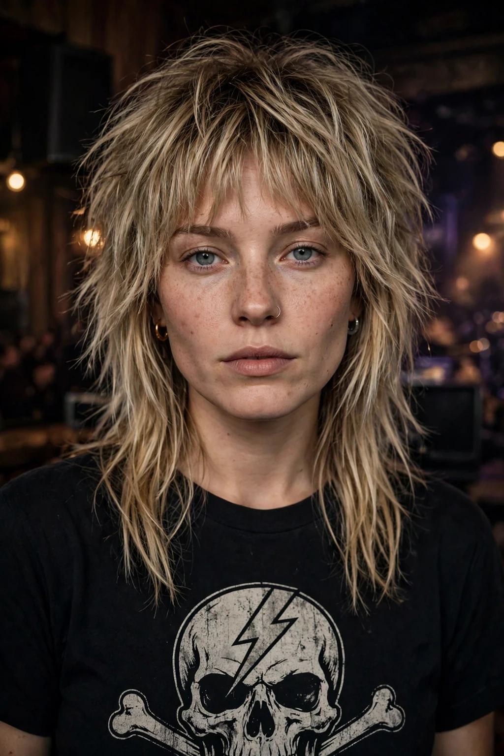 Beautiful woman with textured long shag, bold textured long shag, dynamic light.