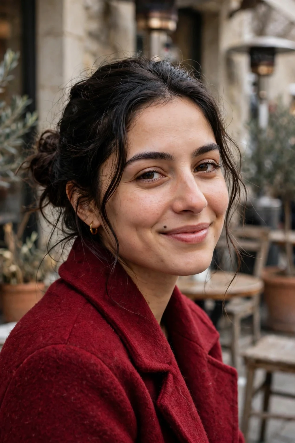 Young woman with a textured low bun and loose tendrils, wearing a wine-red coat outside a winter cafe.