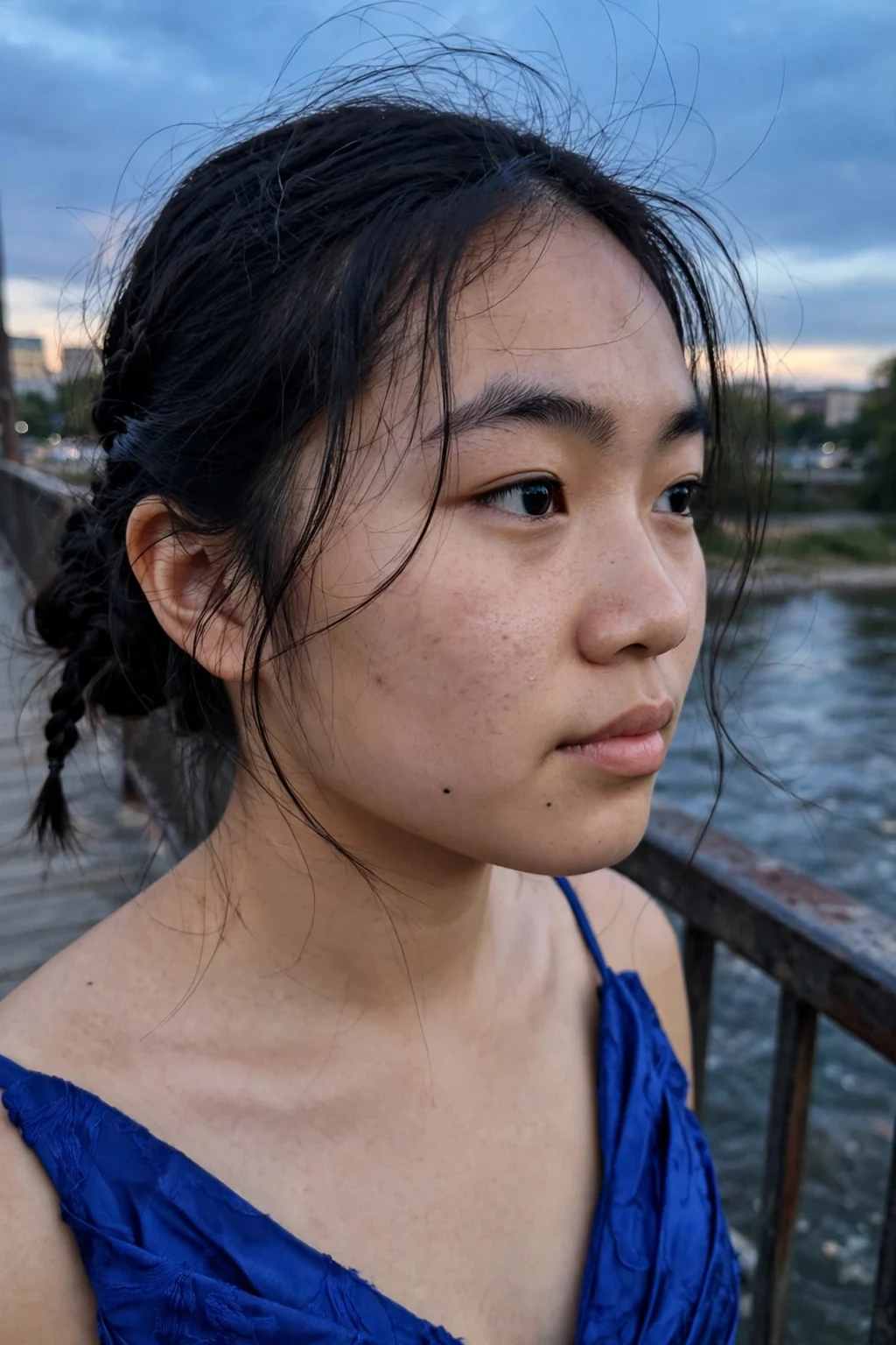 A young woman with long hair in a textured low bun with a small braided detail.